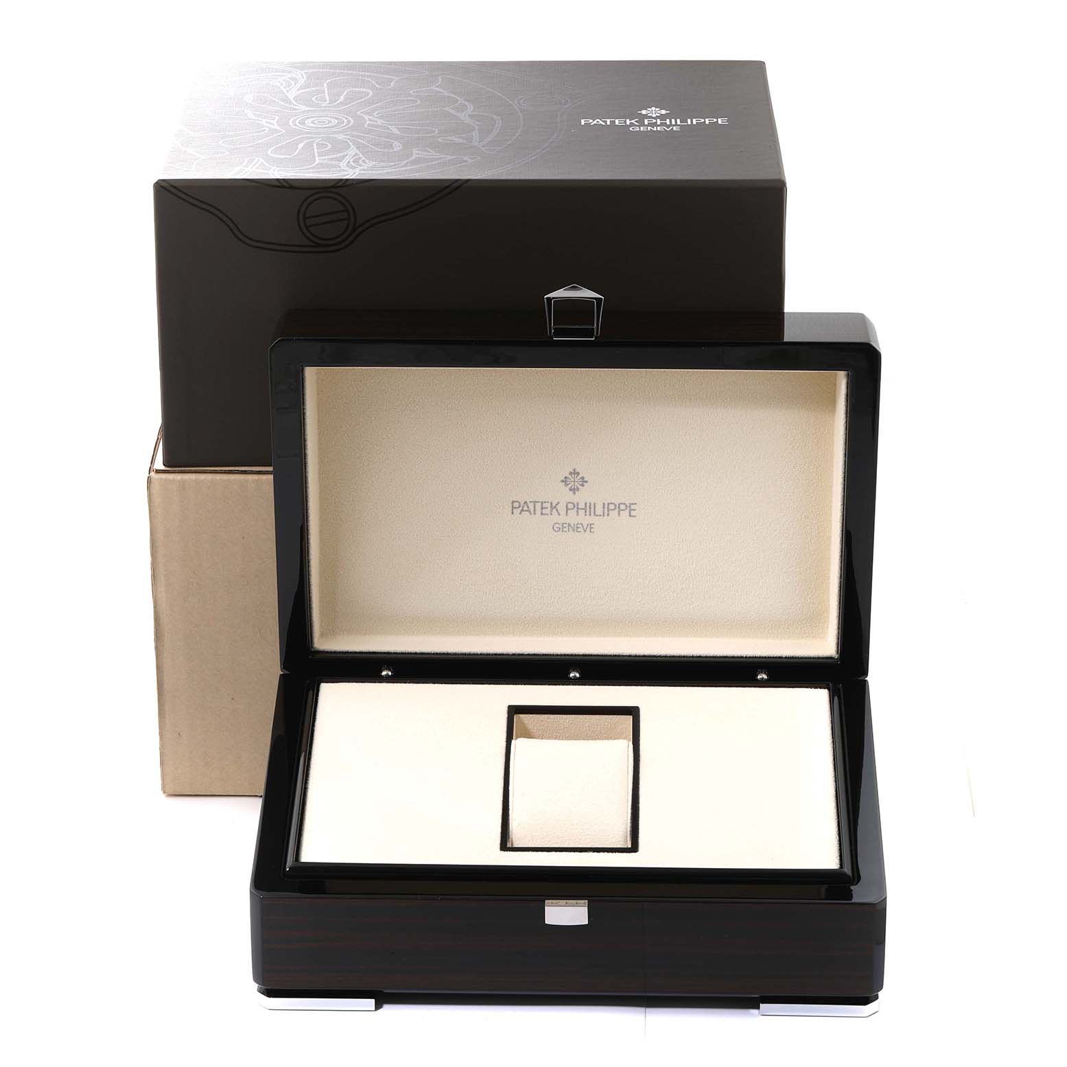 The image shows the open box for the Patek Philippe Complications 5396G Men
s White Gold Silver Dial 5396G Men
s White Gold Silver Dial model, featuring a cushioned watch holder inside.