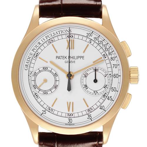 The Patek Philippe Complications 5170J-001 Men's Yellow Gold Silver Dial watch is shown from the front, displaying its dial, subdials, and gold case with a brown leather strap.
