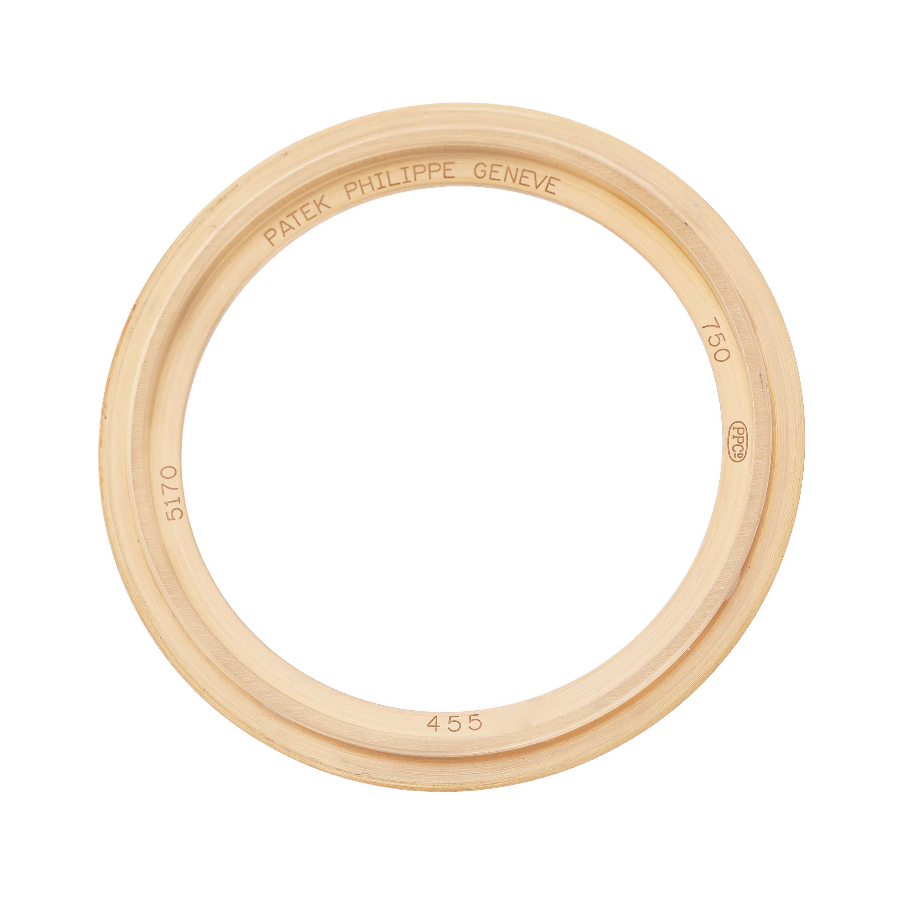 The image shows a top-down view of the bezel for a Patek Philippe Complications 5170J-001 Men's Yellow Gold Silver Dial model watch.
