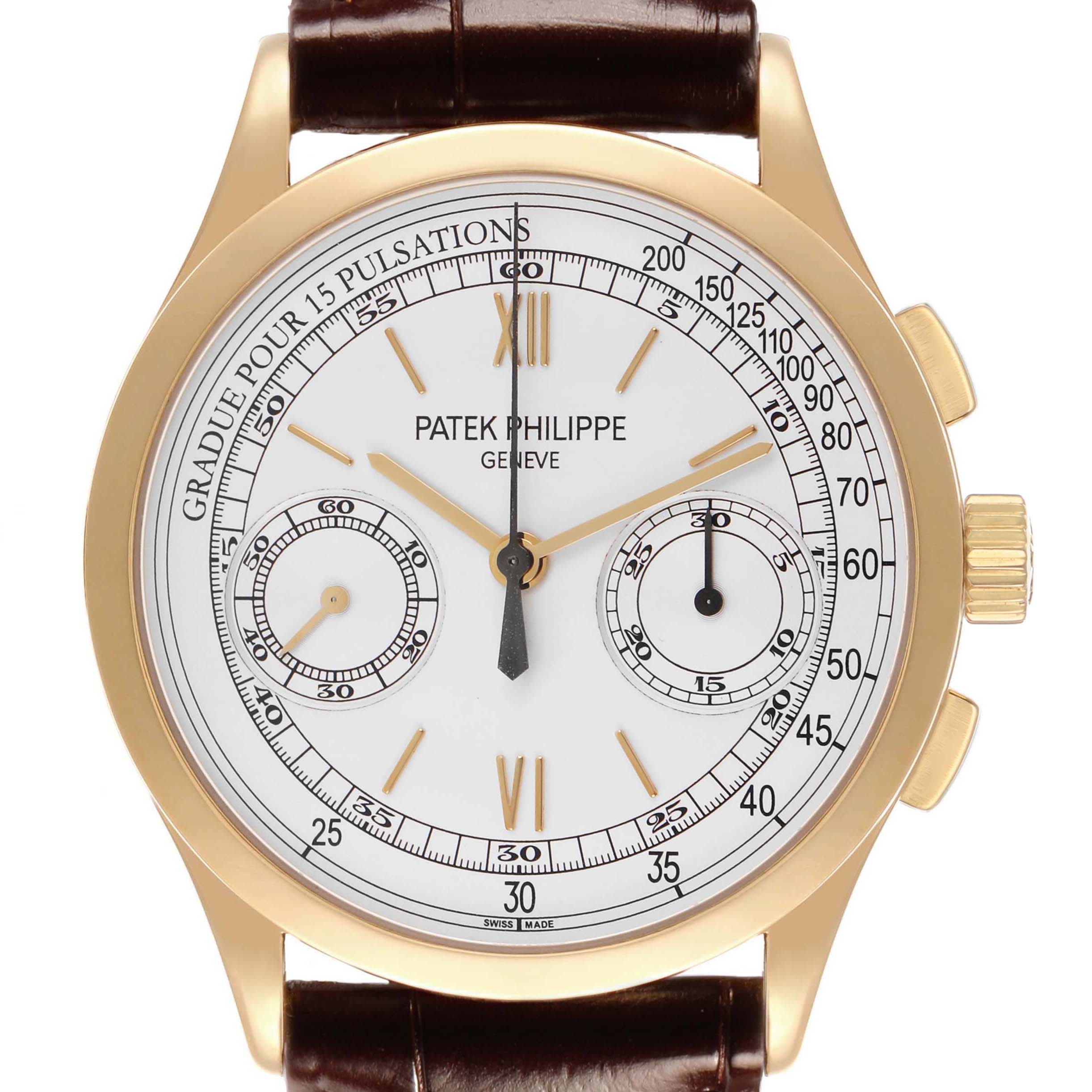 The Patek Philippe Complications 5170J-001 Men's Yellow Gold Silver Dial model is shown from the front, highlighting its dial, hands, and crown.