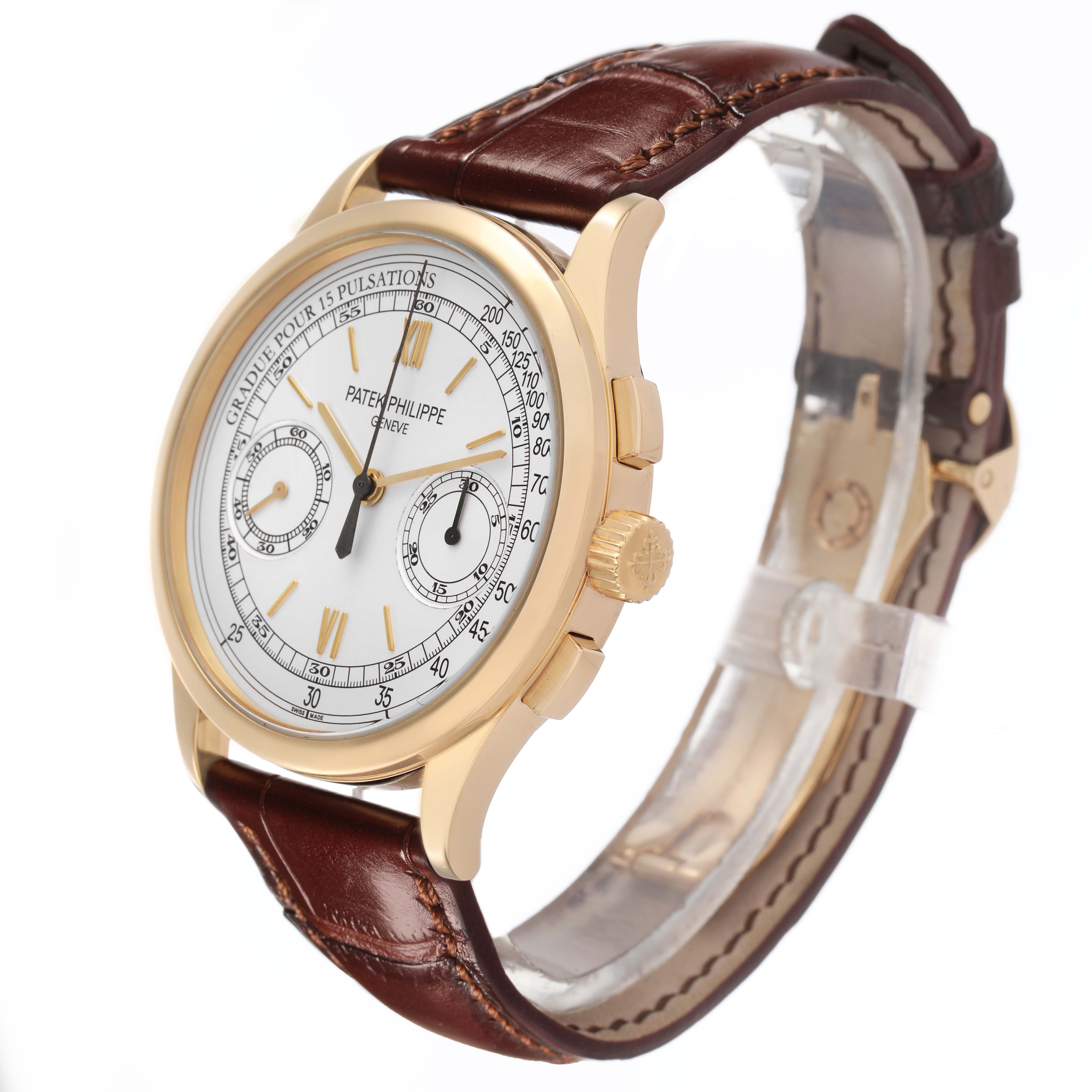 The Patek Philippe Complications 5170J-001 Men's Yellow Gold Silver Dial watch is shown from a side angle, highlighting the dial, bezel, crown, and leather strap.