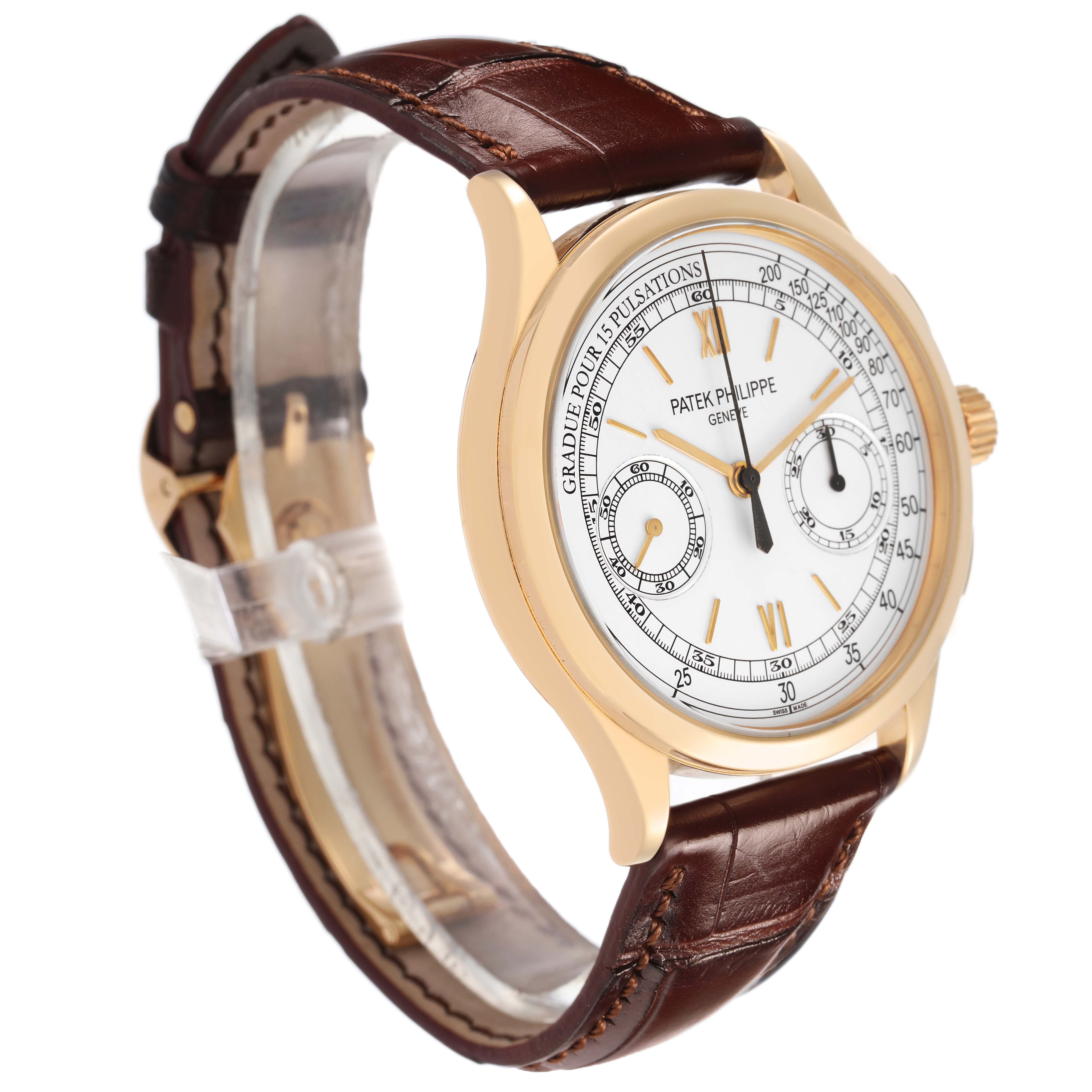 The Patek Philippe Complications 5170J-001 Men's Yellow Gold Silver Dial watch is shown at a slightly angled side view, highlighting the dial, case, and brown leather strap.