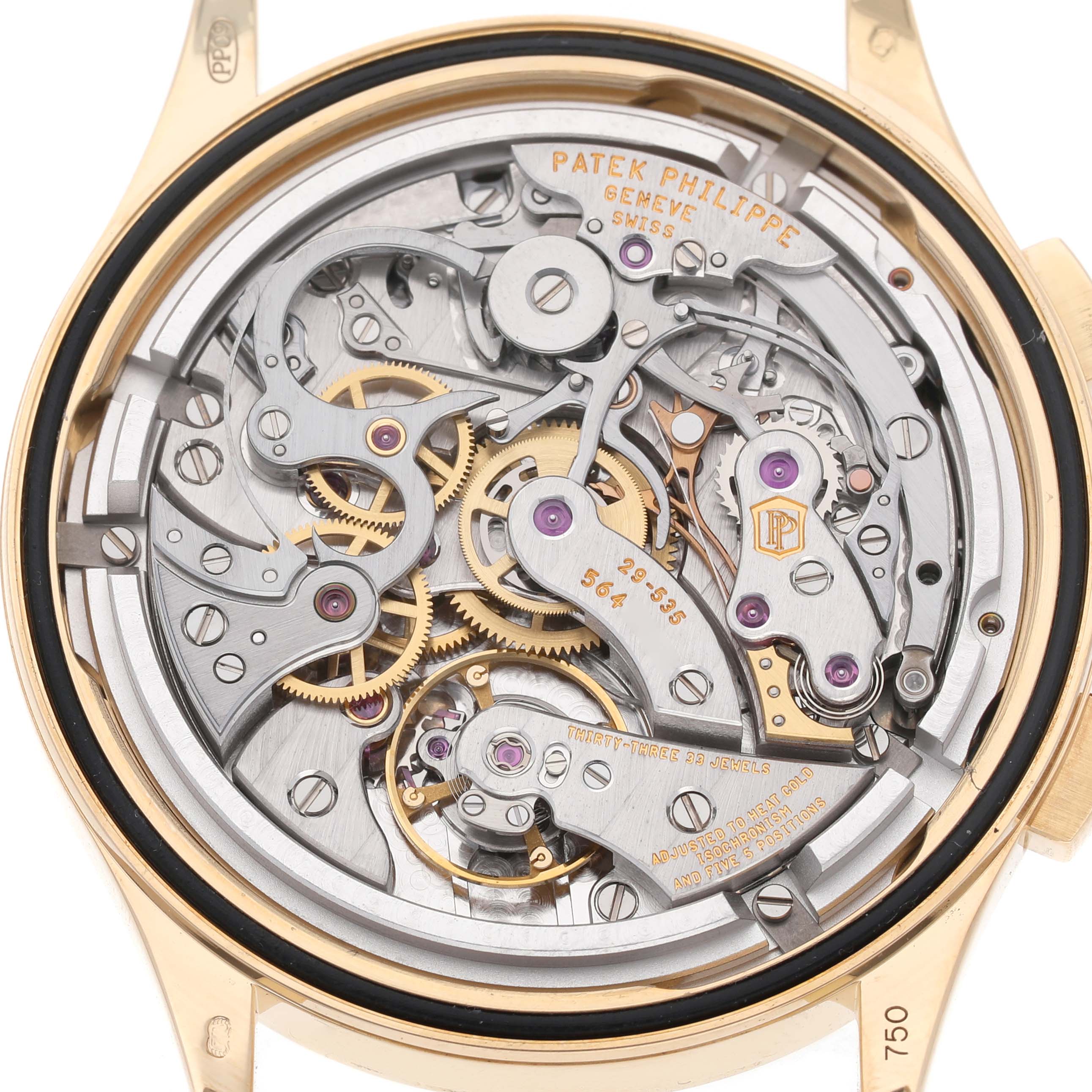 The image shows the intricate movement mechanism of a Patek Philippe Complications 5170J-001 Men's Yellow Gold Silver Dial model from the back angle.