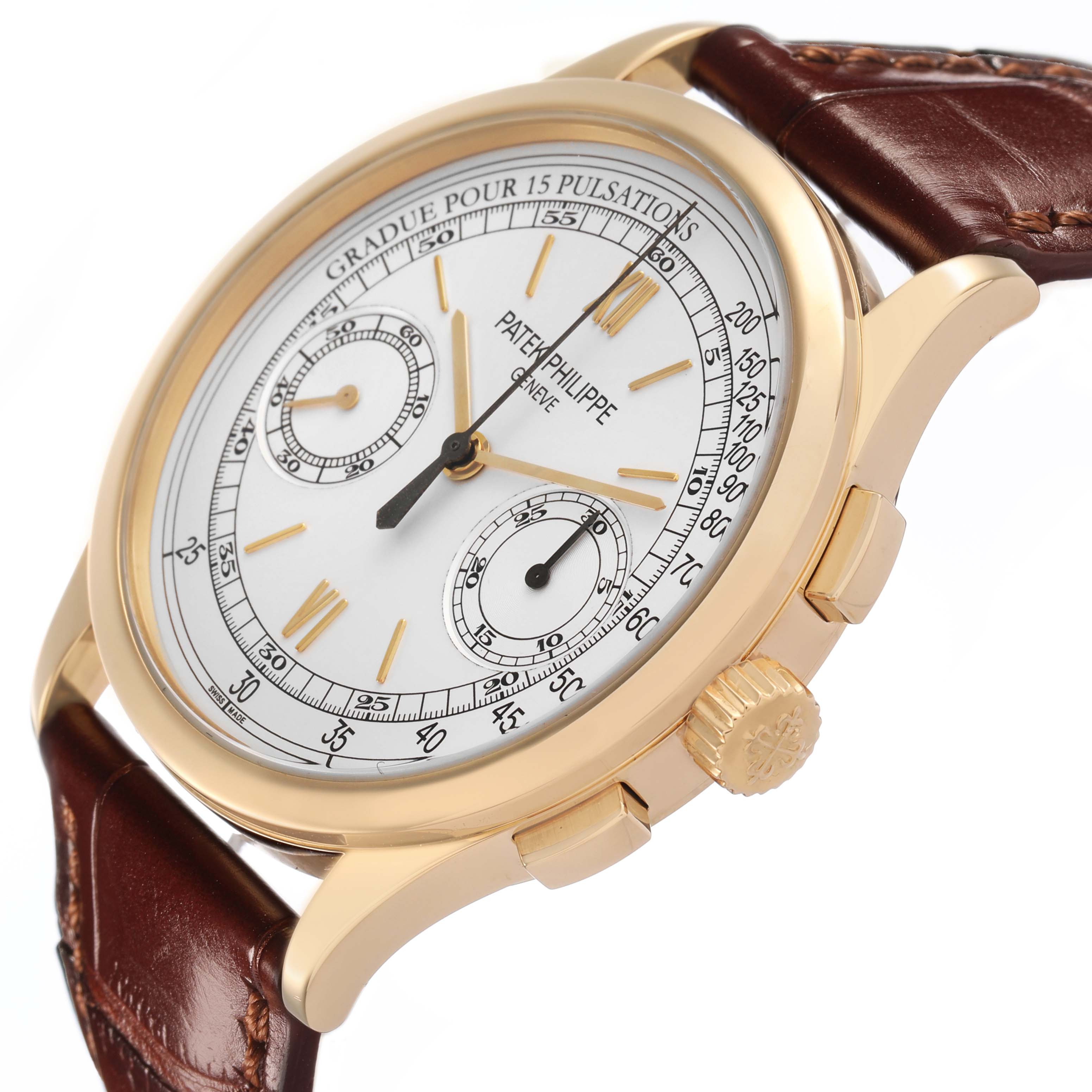 The image shows a side angle of the Patek Philippe Complications 5170J-001 Men's Yellow Gold Silver Dial watch, highlighting its dial, crown, and leather strap.
