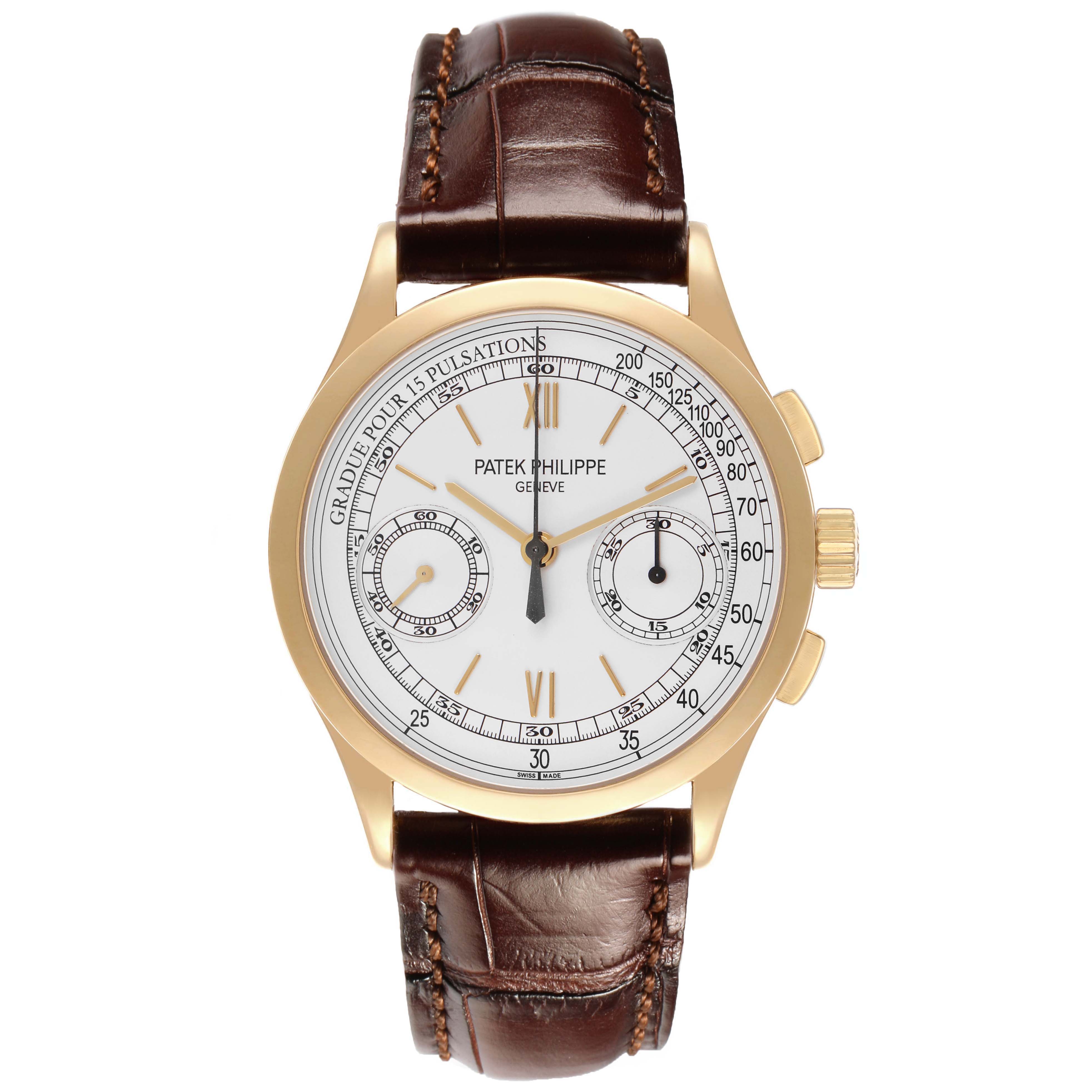 The Patek Philippe Complications 5170J-001 Men's Yellow Gold Silver Dial watch is shown from a direct front angle, highlighting its face, subdials, and leather strap.