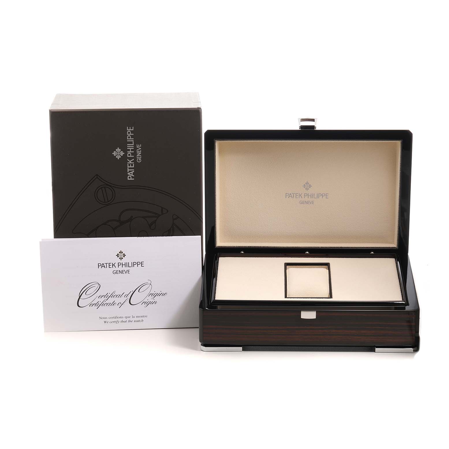 The image shows an open Patek Philippe Complications 5170J-001 Men's Yellow Gold Silver Dial watch box with a certificate and outer packaging from a front angle.