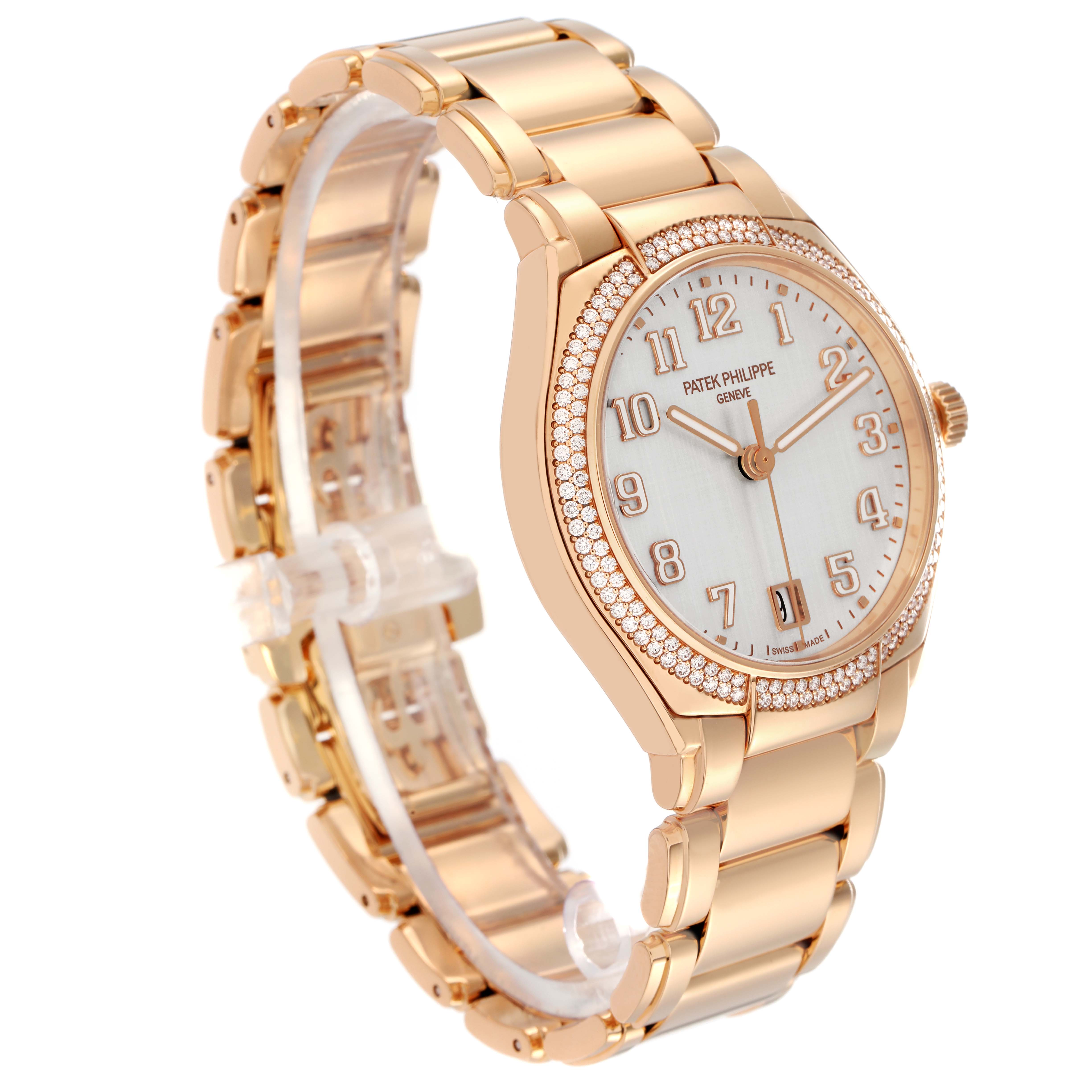 The Patek Philippe Twenty-4 7300/1200R-010 Women's Rose Gold Silver Dial watch is shown at a three-quarter angle, highlighting the face, bezel, and bracelet.