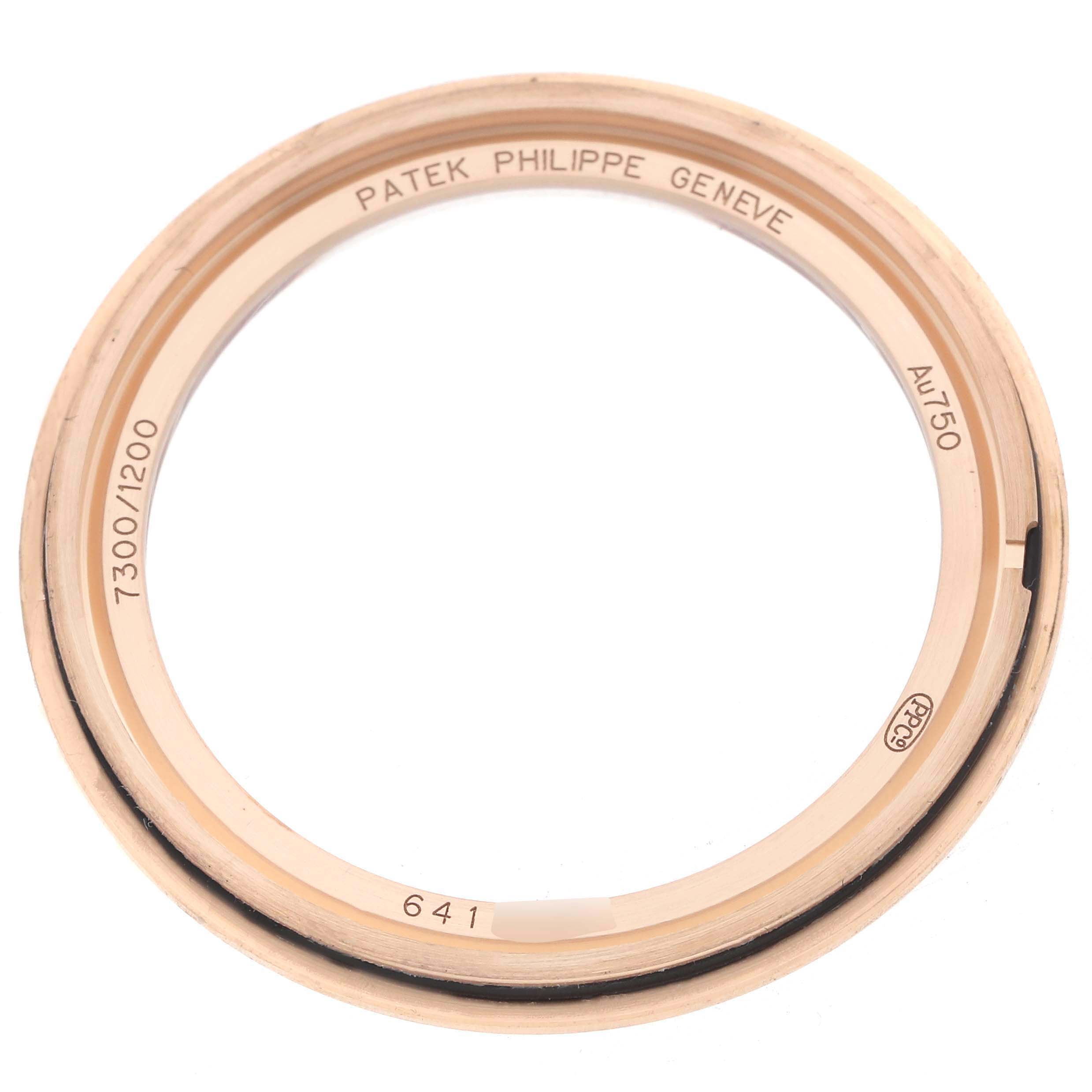 The image shows a top-down view of a watch bezel for the Patek Philippe Twenty-4 7300/1200R-010 Women's Rose Gold Silver Dial model.