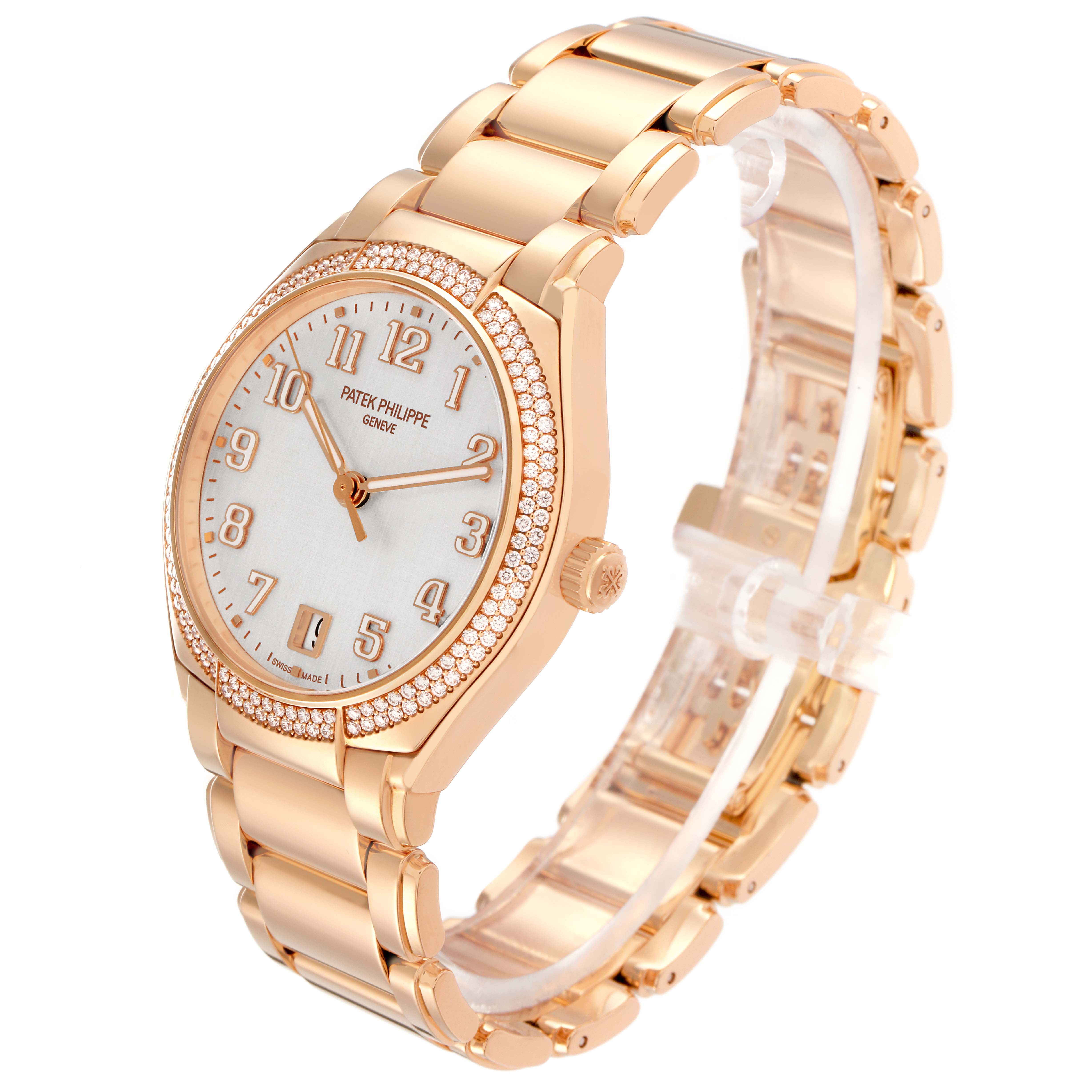 The Patek Philippe Twenty-4 7300/1200R-010 Women's Rose Gold Silver Dial watch is shown at a slight angle, highlighting the face, bezel, and bracelet.