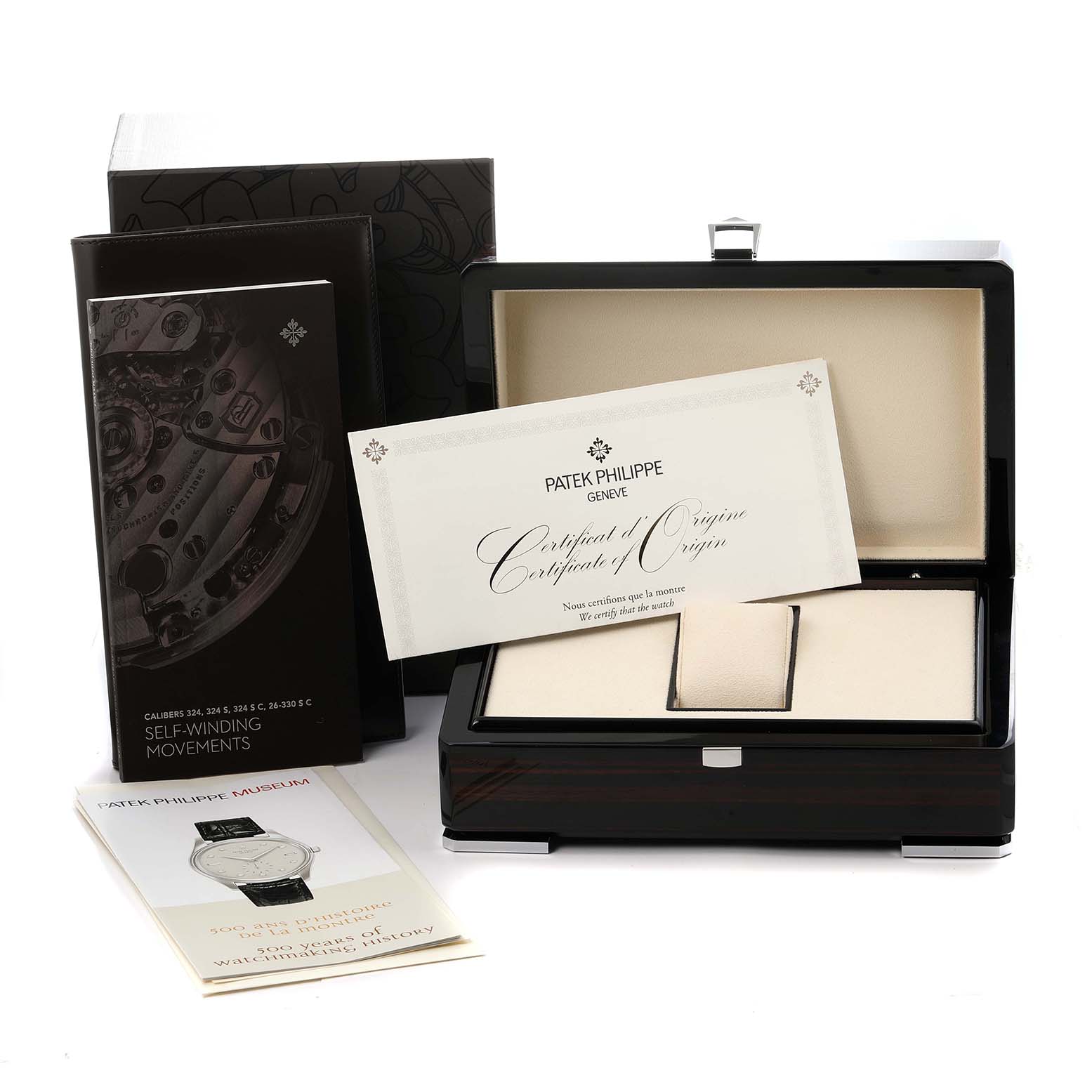 The image shows the packaging and documents of a Patek Philippe Twenty-4 7300/1200R-010 Women's Rose Gold Silver Dial watch, including a box, certificates, and booklet from a front angle.