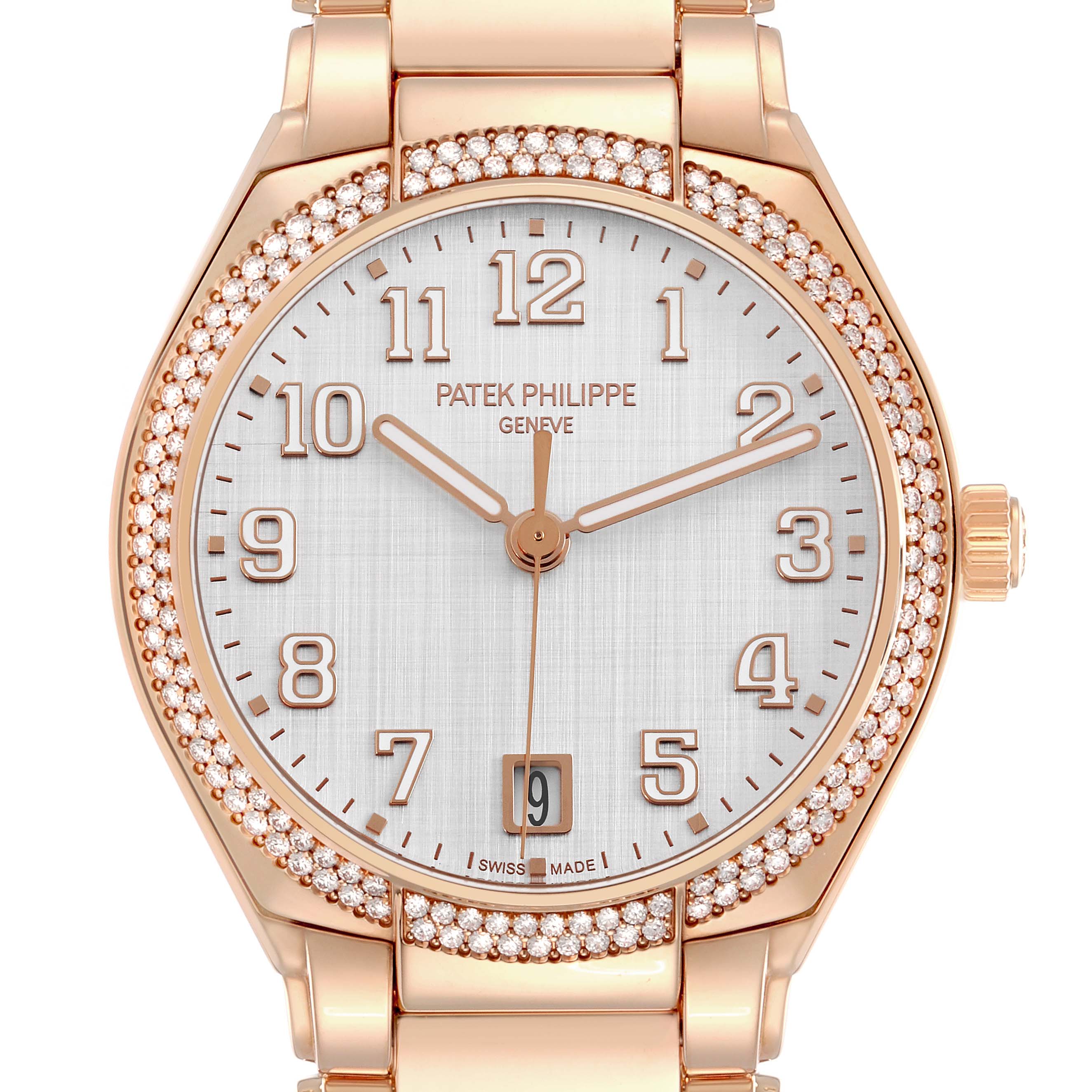 The Patek Philippe Twenty-4 7300/1200R-010 Women's Rose Gold Silver Dial watch is shown from the front, highlighting its dial, bezel, and bracelet attachment.