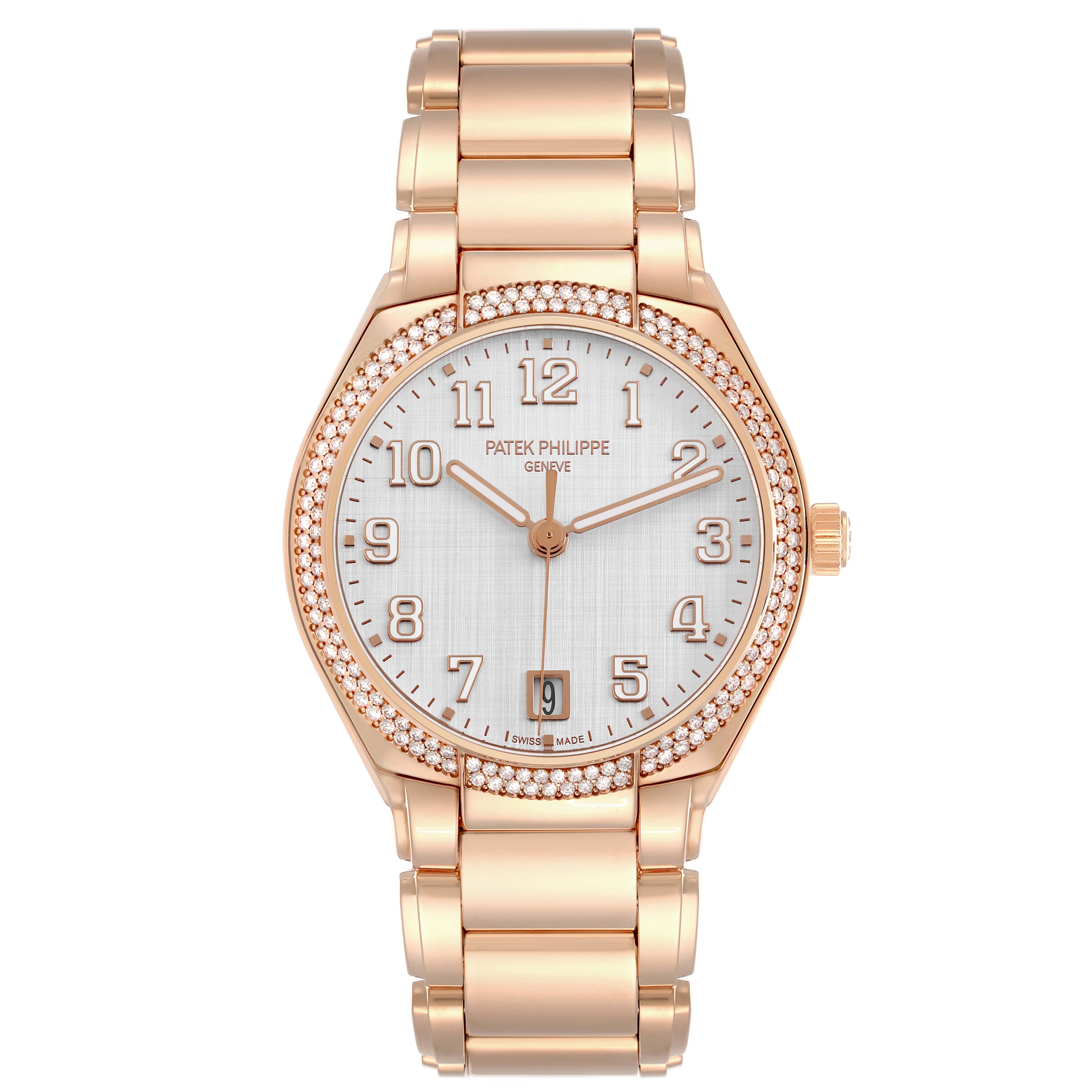 The Patek Philippe Twenty-4 7300/1200R-010 Women's Rose Gold Silver Dial watch is shown from a front angle, highlighting the face, bezel, numerals, and bracelet.