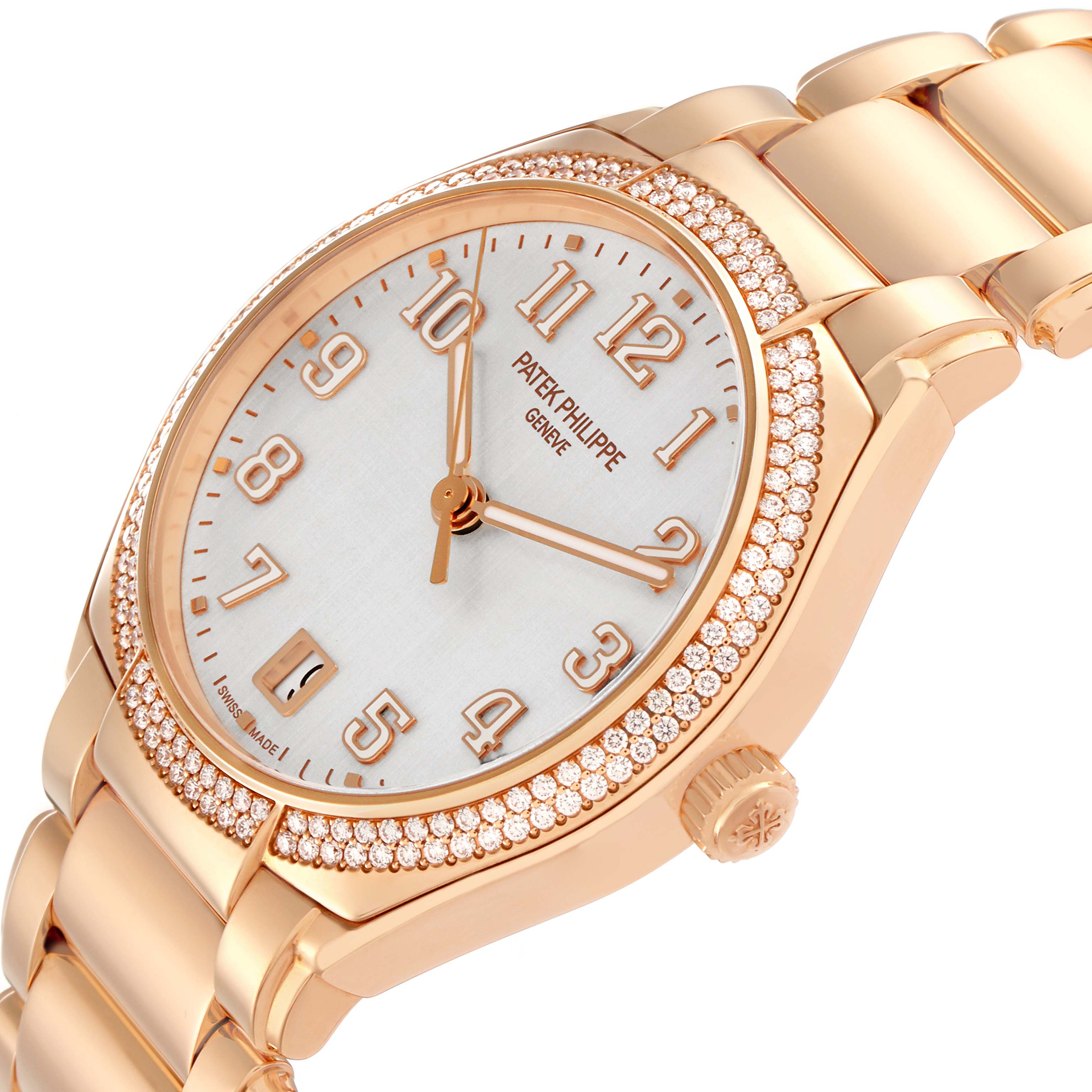 The Patek Philippe Twenty-4 7300/1200R-010 Women's Rose Gold Silver Dial watch is shown at a three-quarter angle, highlighting the dial, bezel, crown, and bracelet.