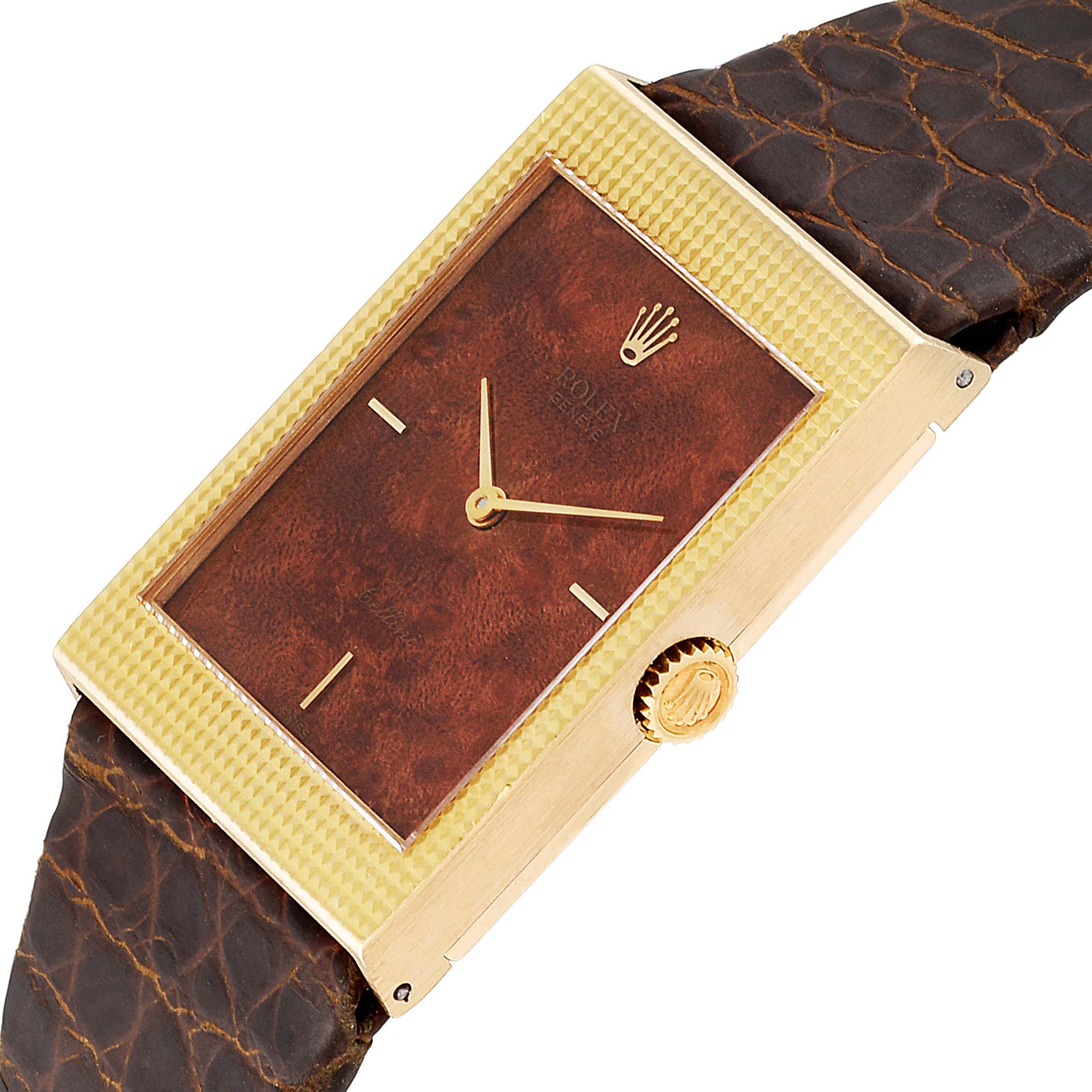 This image shows an angled view of the Rolex Cellini 4127 Men's Yellow Gold Brown Dial 4127 Men's Yellow Gold Brown Dial watch, displaying the face, crown, and strap.