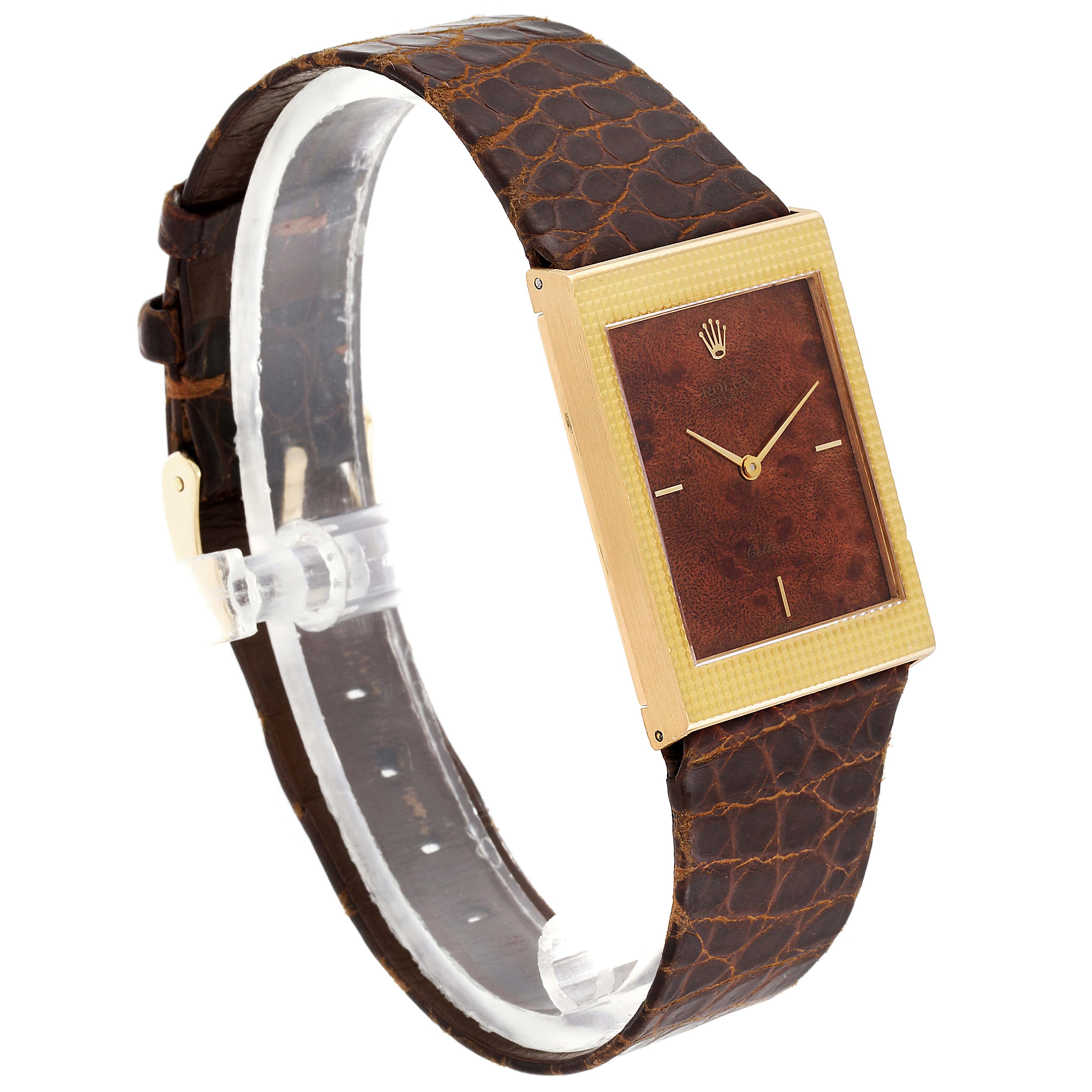 The image shows a Rolex Cellini 4127 Men's Yellow Gold Brown Dial 4127 Men's Yellow Gold Brown Dial watch from a side angle, highlighting its rectangular face and leather strap.