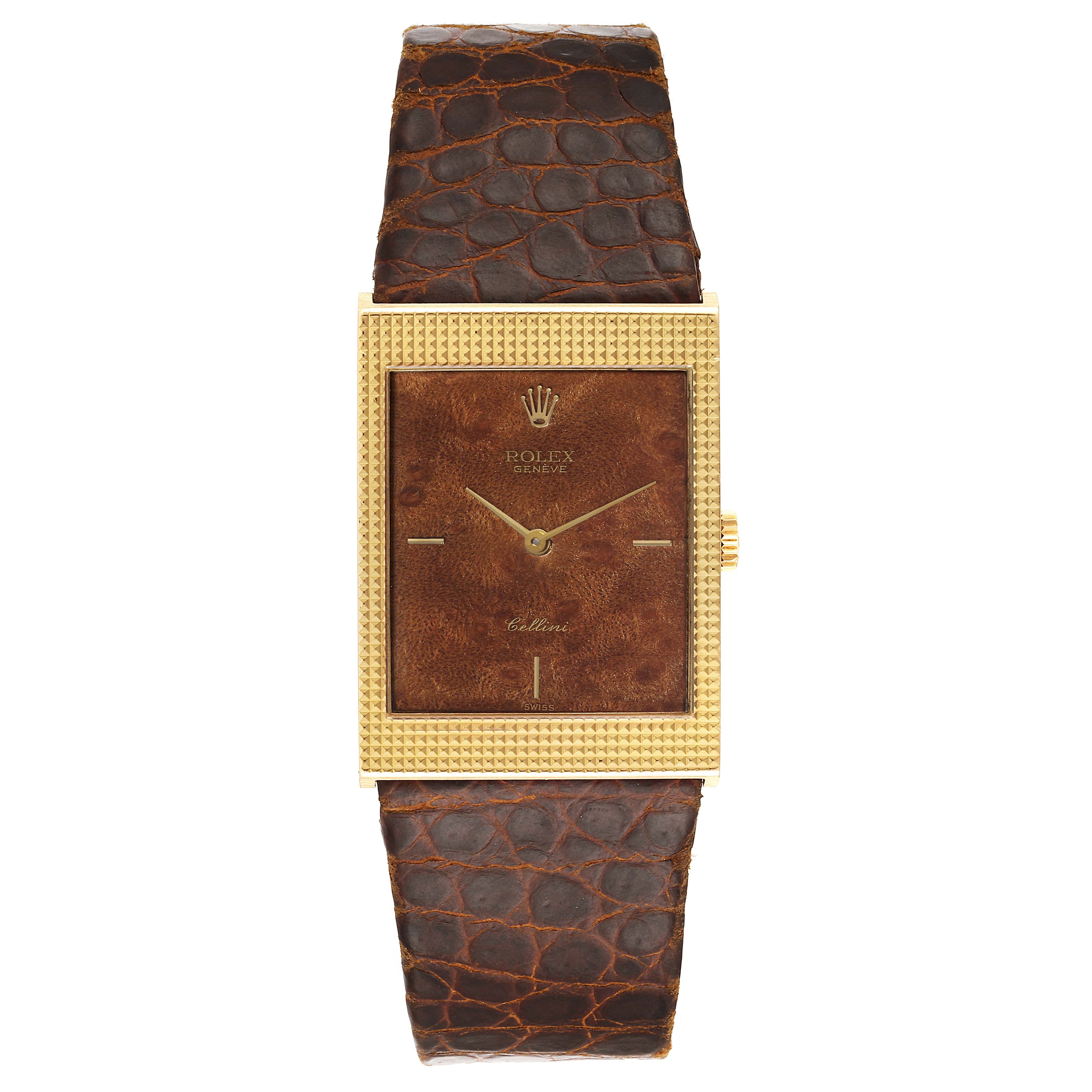 This image shows a front view of a Rolex Cellini 4127 Men's Yellow Gold Brown Dial 4127 Men's Yellow Gold Brown Dial watch with a brown leather strap and a golden rectangular case.