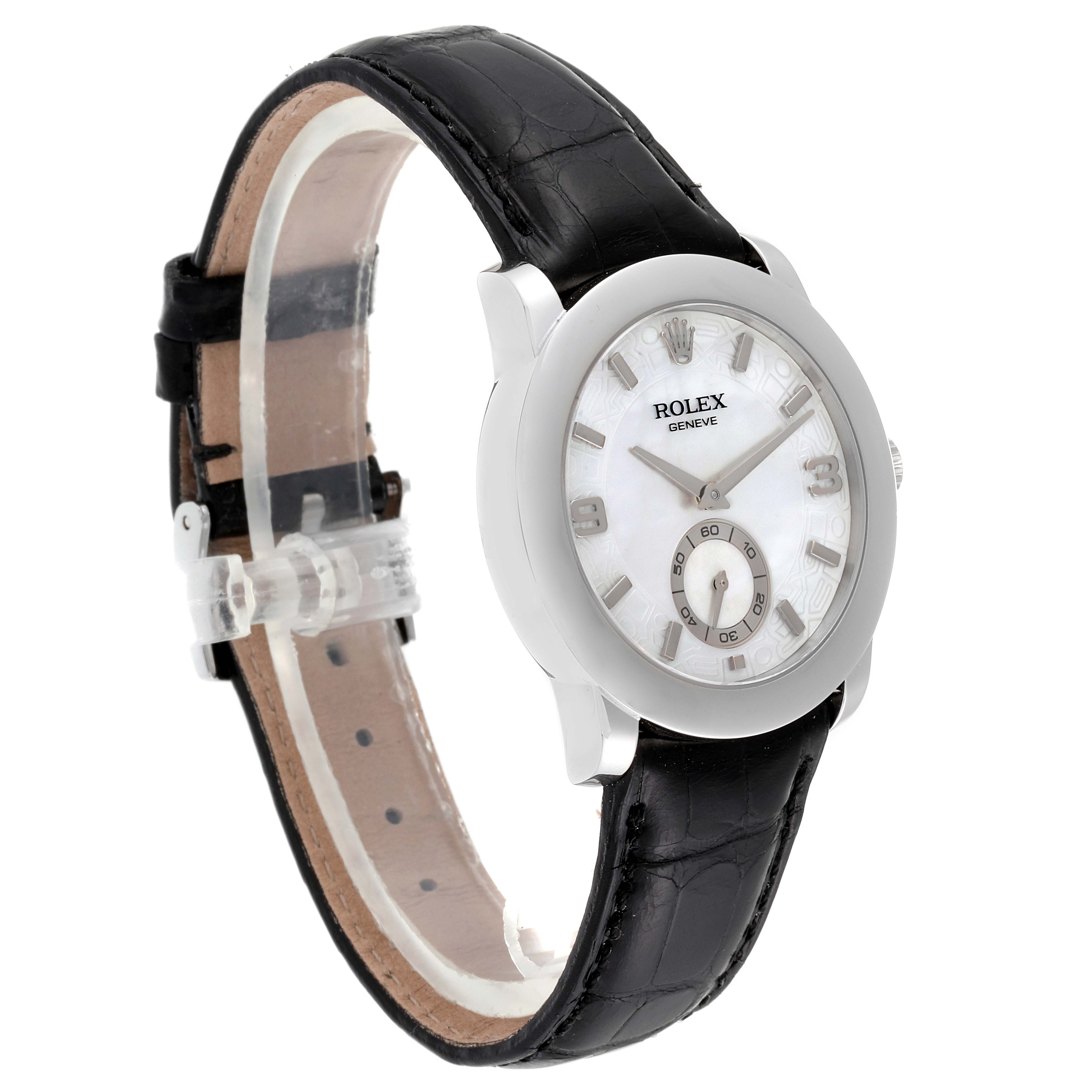 The image shows a side-angle view of the Rolex Cellini 5240 Men's Platinum Mother of Pearl Dial 5240 Men's Platinum Mother of Pearl Dial watch, highlighting its face, bezel, and black leather strap.