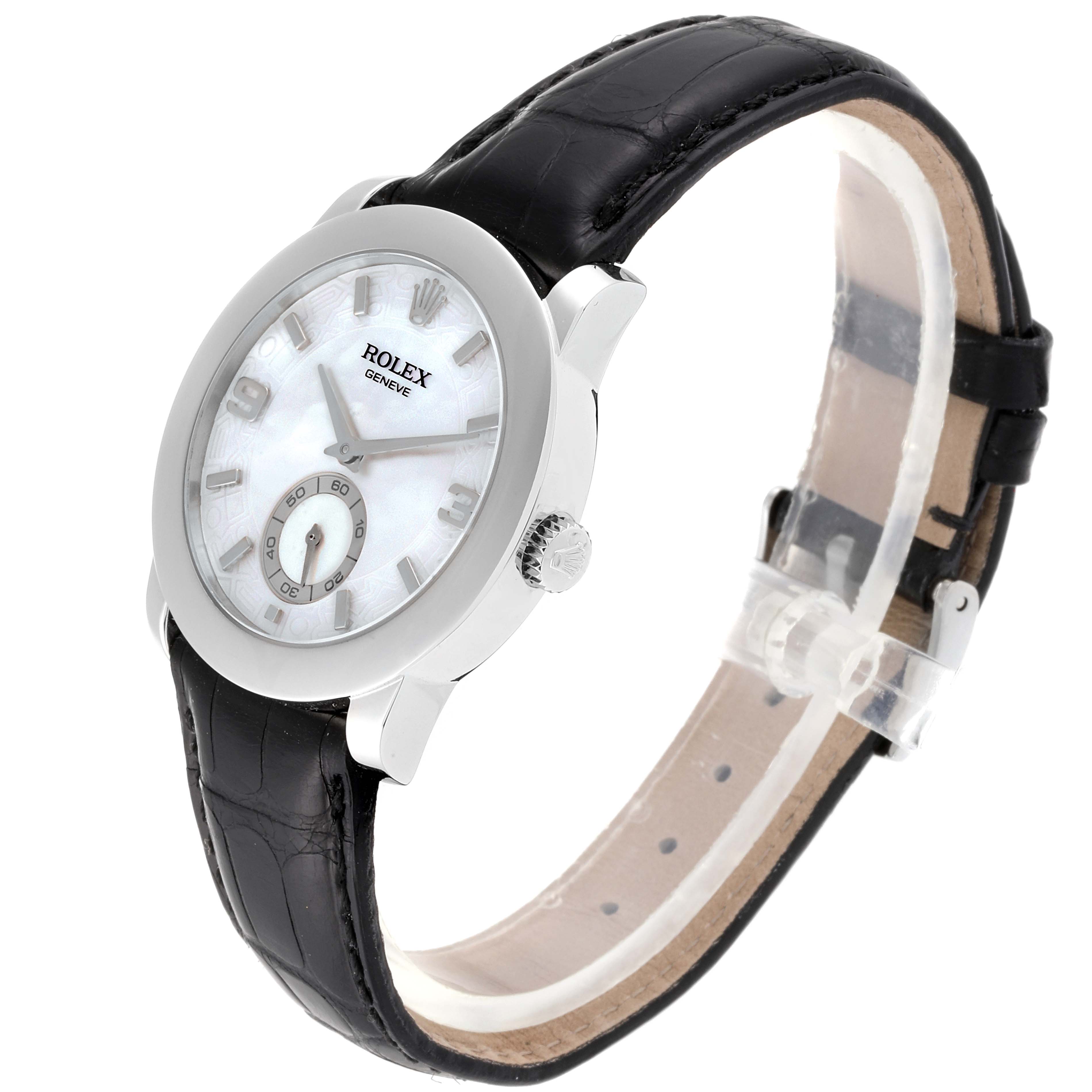 The image shows a Rolex Cellini 5240 Men's Platinum Mother of Pearl Dial 5240 Men's Platinum Mother of Pearl Dial watch at a slight angle, highlighting the face, bezel, crown, and black leather strap.