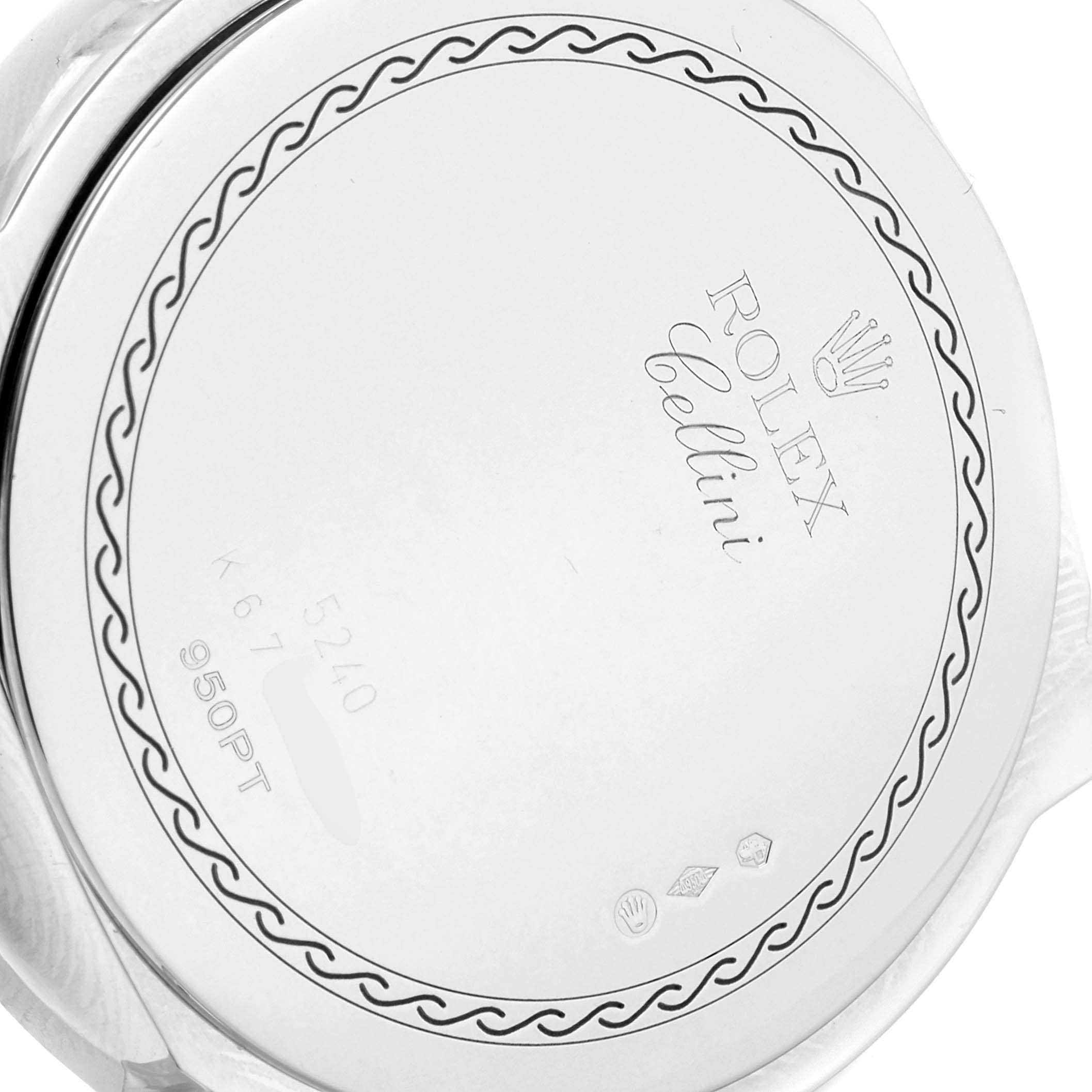 The image shows the back case of a Rolex Cellini 5240 Men's Platinum Mother of Pearl Dial 5240 Men's Platinum Mother of Pearl Dial watch, displaying the engraved branding and model details.