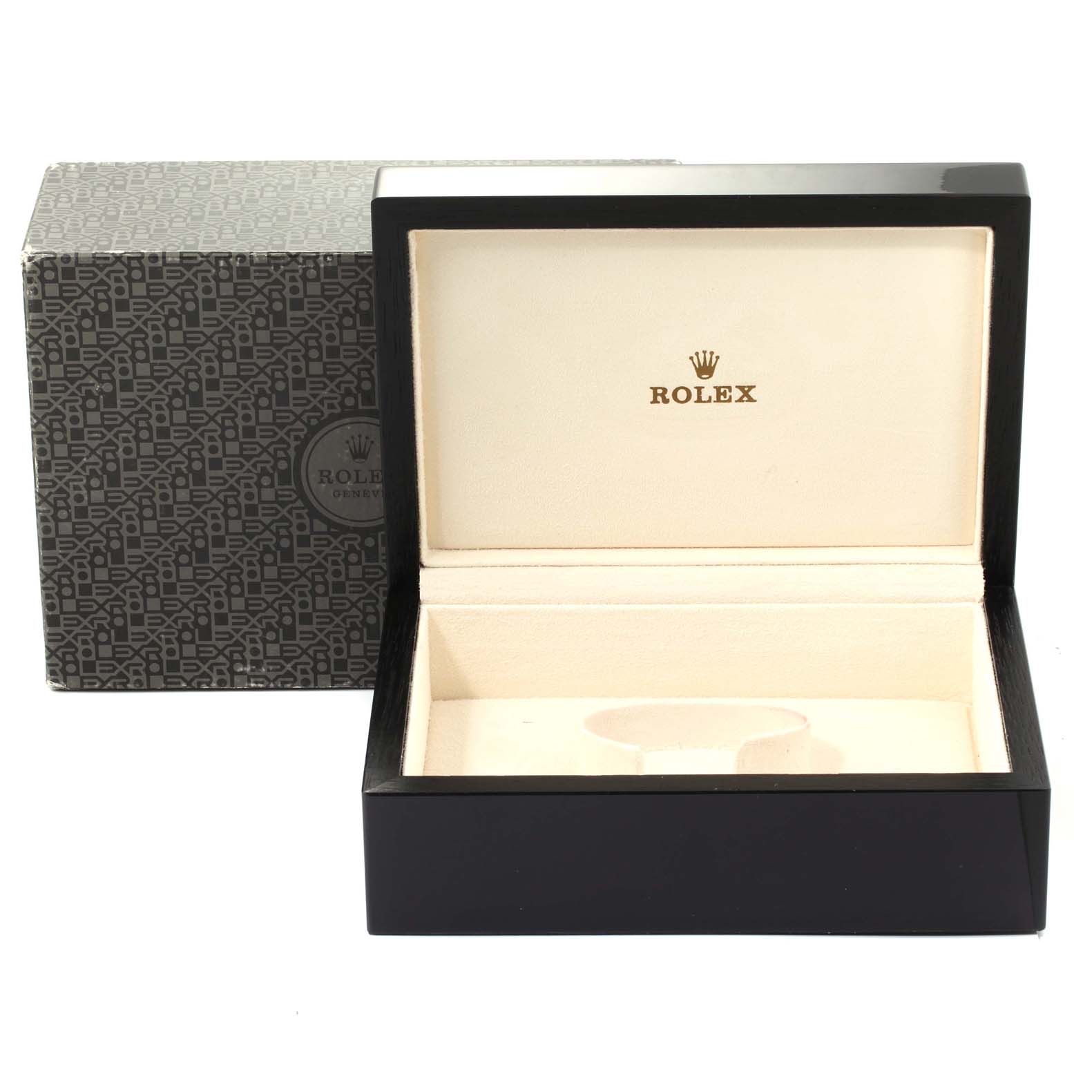 The image shows the open presentation box for the Rolex Cellini 5240 Men's Platinum Mother of Pearl Dial 5240 Men's Platinum Mother of Pearl Dial model, featuring the inside lining and outer packaging.