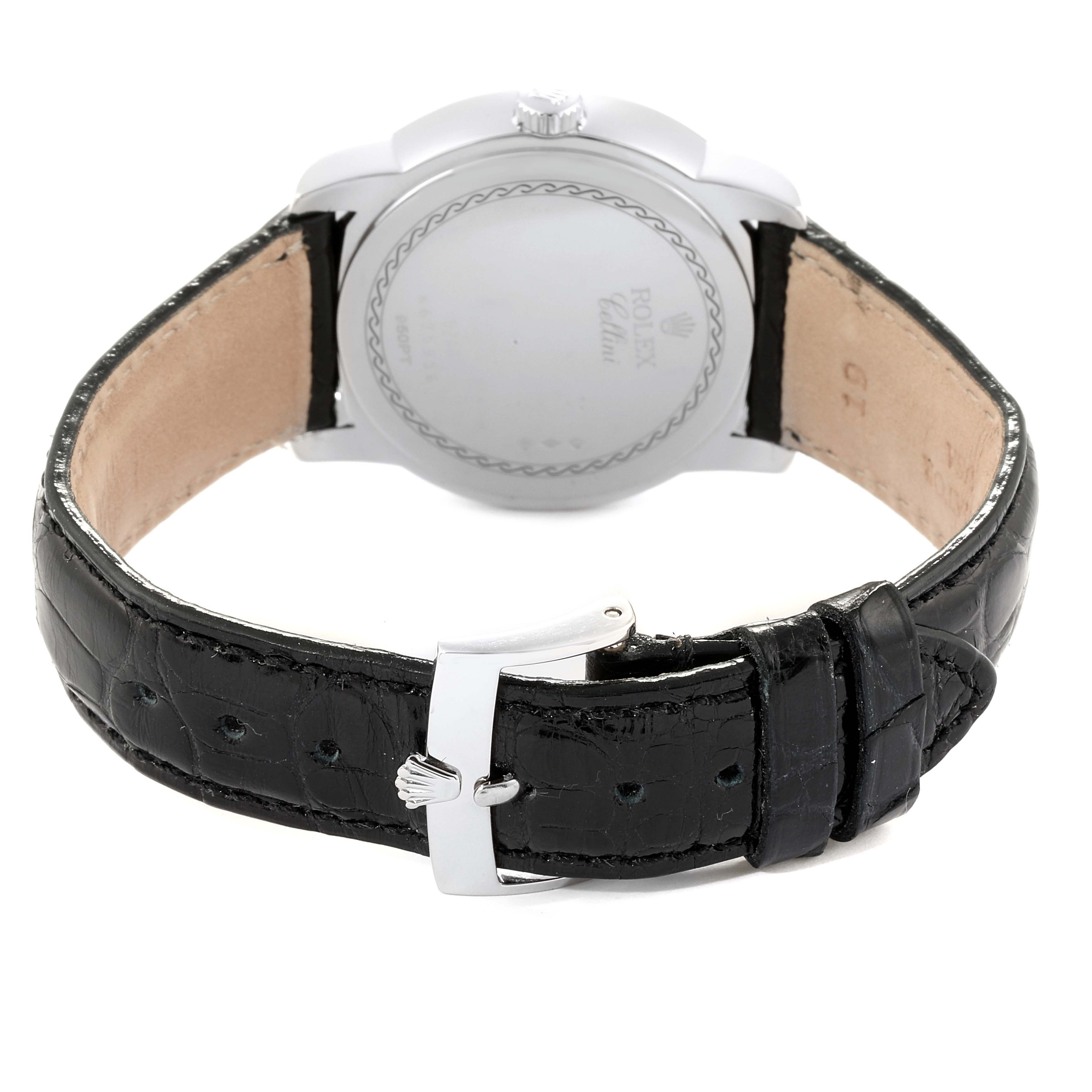 This image shows the back of a Rolex Cellini 5240 Men's Platinum Mother of Pearl Dial 5240 Men's Platinum Mother of Pearl Dial watch, highlighting the case back and black leather strap with the buckle.