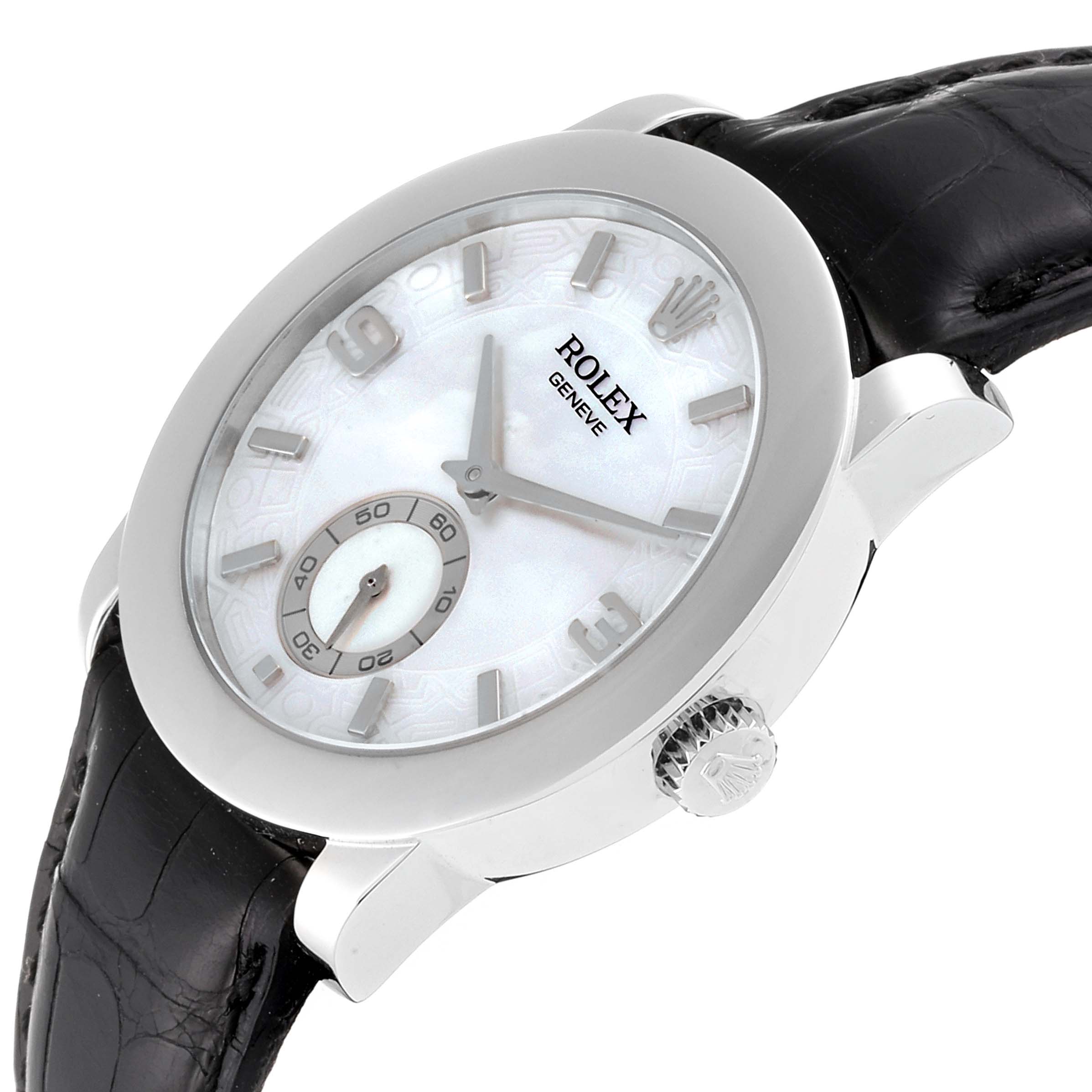 This image shows a Rolex Cellini 5240 Men's Platinum Mother of Pearl Dial 5240 Men's Platinum Mother of Pearl Dial watch at an angled view, highlighting its dial, bezel, crown, and leather strap.