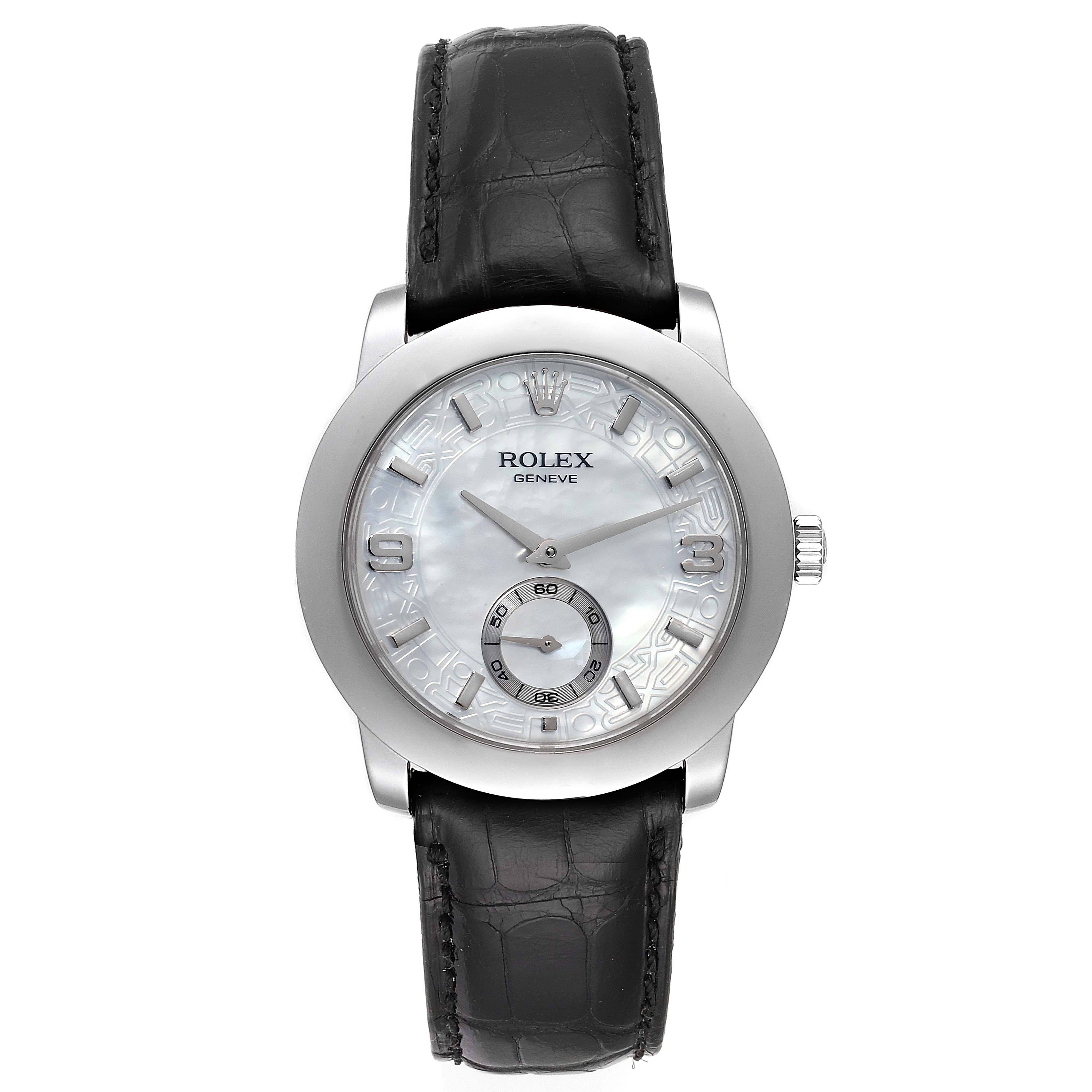This image shows a front view of the Rolex Cellini 5240 Men's Platinum Mother of Pearl Dial 5240 Men's Platinum Mother of Pearl Dial model, highlighting its face, dial, and leather strap.