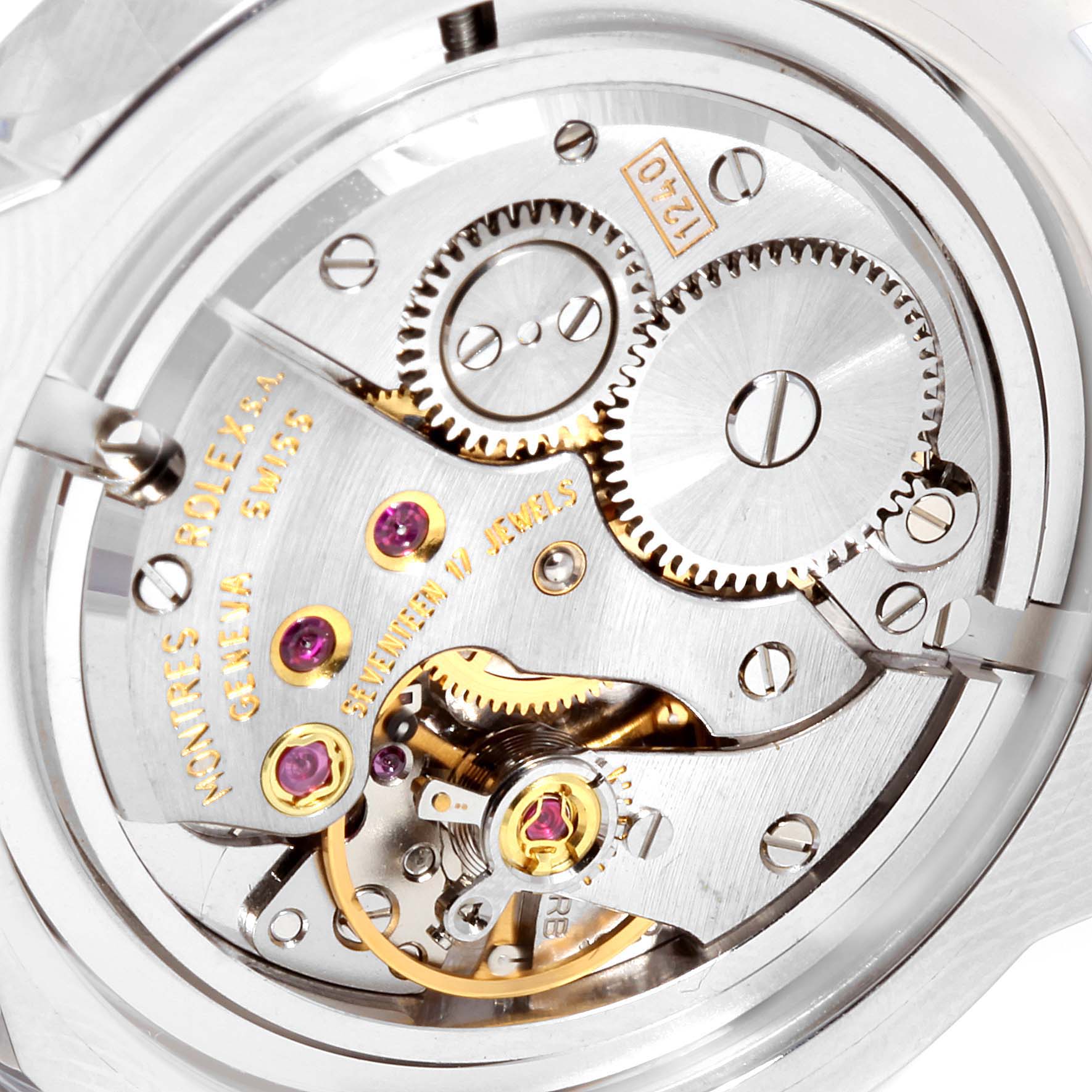 This close-up image shows the mechanical movement and inner workings of the Rolex Cellini 5240 Men's Platinum Mother of Pearl Dial 5240 Men's Platinum Mother of Pearl Dial model.