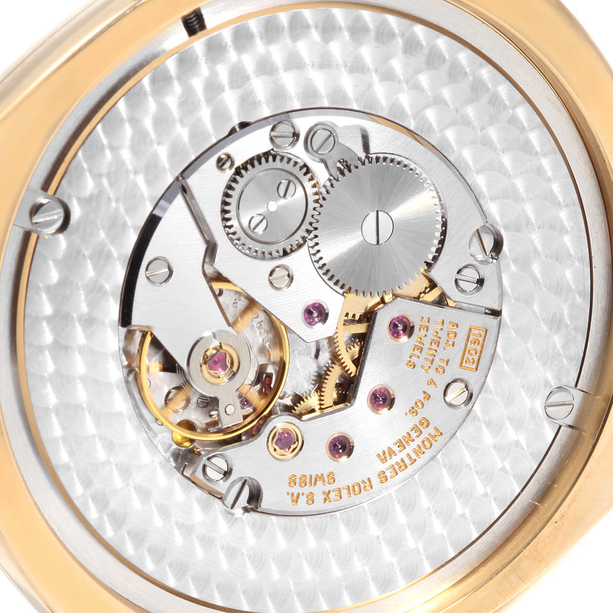 The image shows the intricate movement and internal mechanics of a Rolex Cellini 4243 Men's Yellow Gold White Dial 4243 Men's Yellow Gold White Dial watch from a close-up, rear angle.