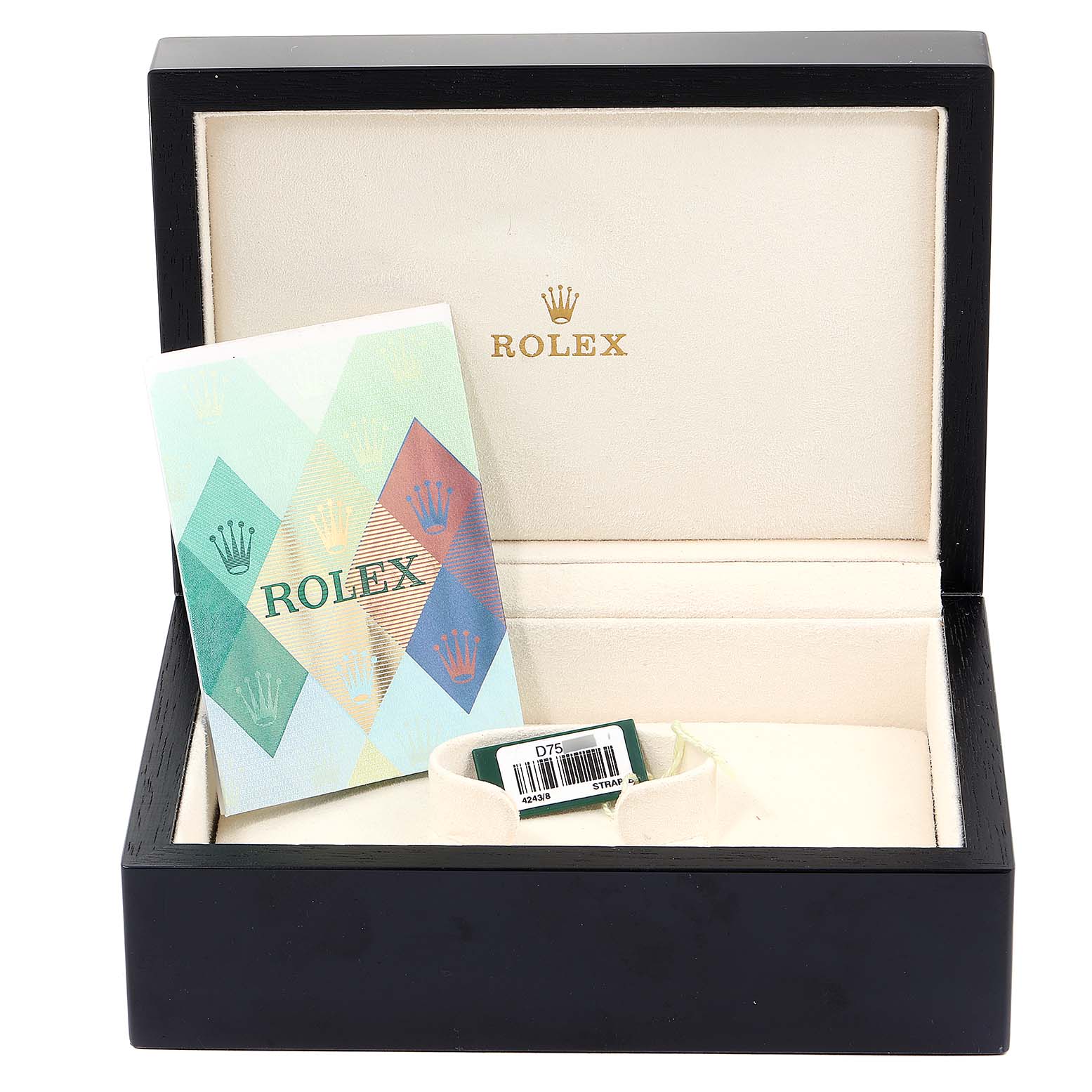 The image shows an open Rolex Cellini 4243 Men's Yellow Gold White Dial 4243 Men's Yellow Gold White Dial watch box containing an instruction booklet and a tag, photographed from the front.