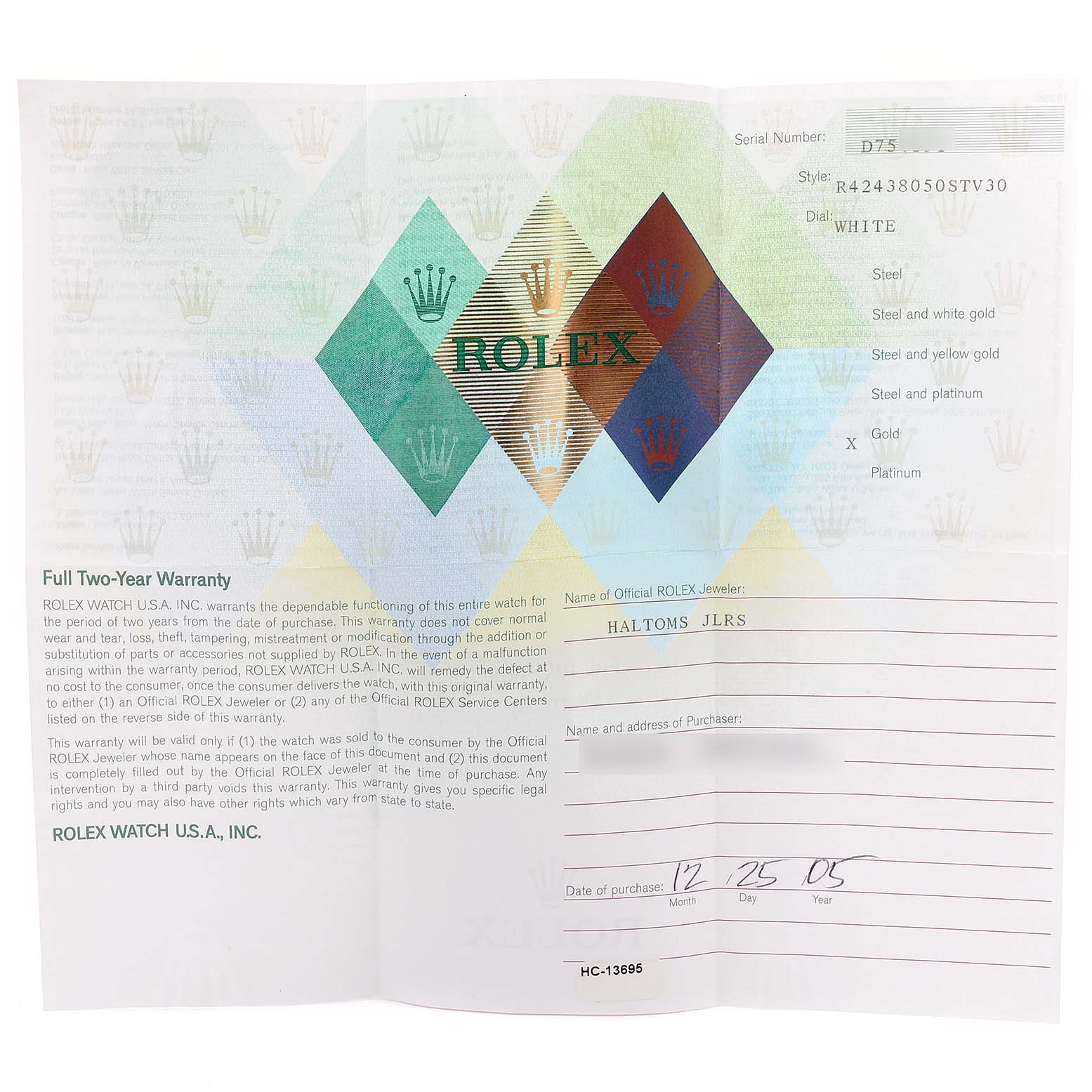This image displays the warranty card for a Rolex Cellini 4243 Men's Yellow Gold White Dial 4243 Men's Yellow Gold White Dial watch, focusing on warranty details and purchase information.