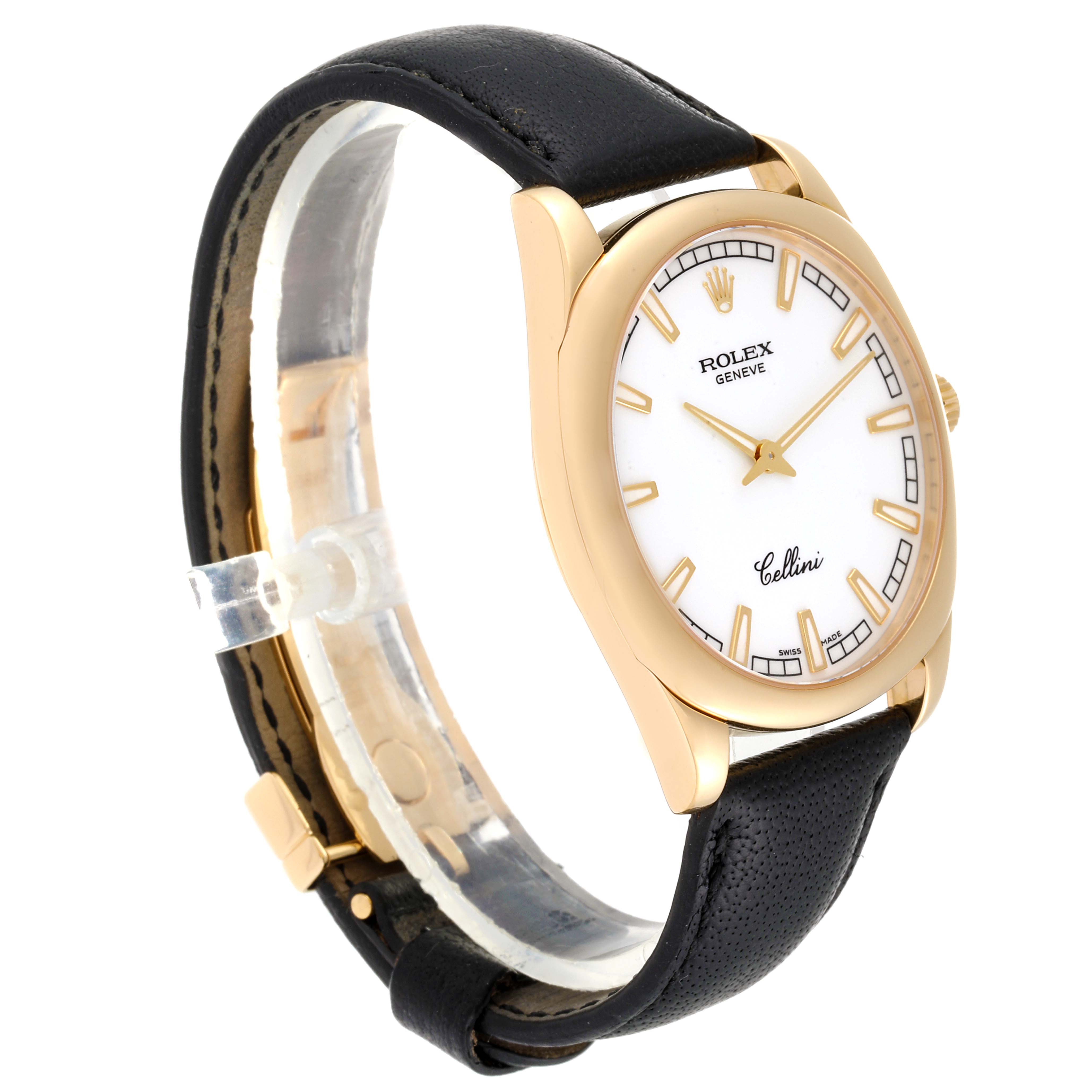 The image shows a side view of a Rolex Cellini 4243 Men's Yellow Gold White Dial 4243 Men's Yellow Gold White Dial watch, highlighting its dial, case, and black leather strap.