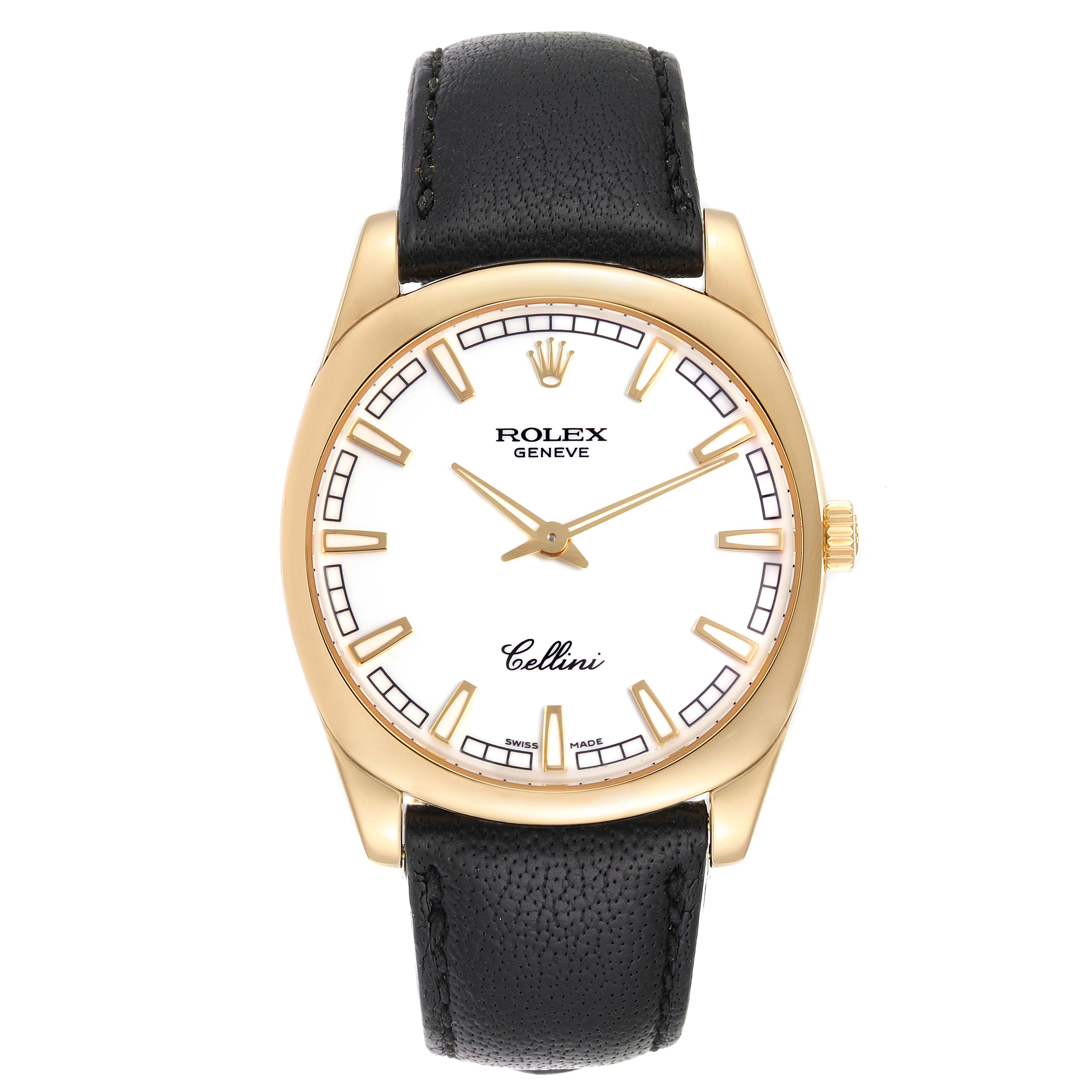 The Rolex Cellini 4243 Men's Yellow Gold White Dial 4243 Men's Yellow Gold White Dial watch is shown from a front angle, displaying its gold case, white dial, and black leather strap.