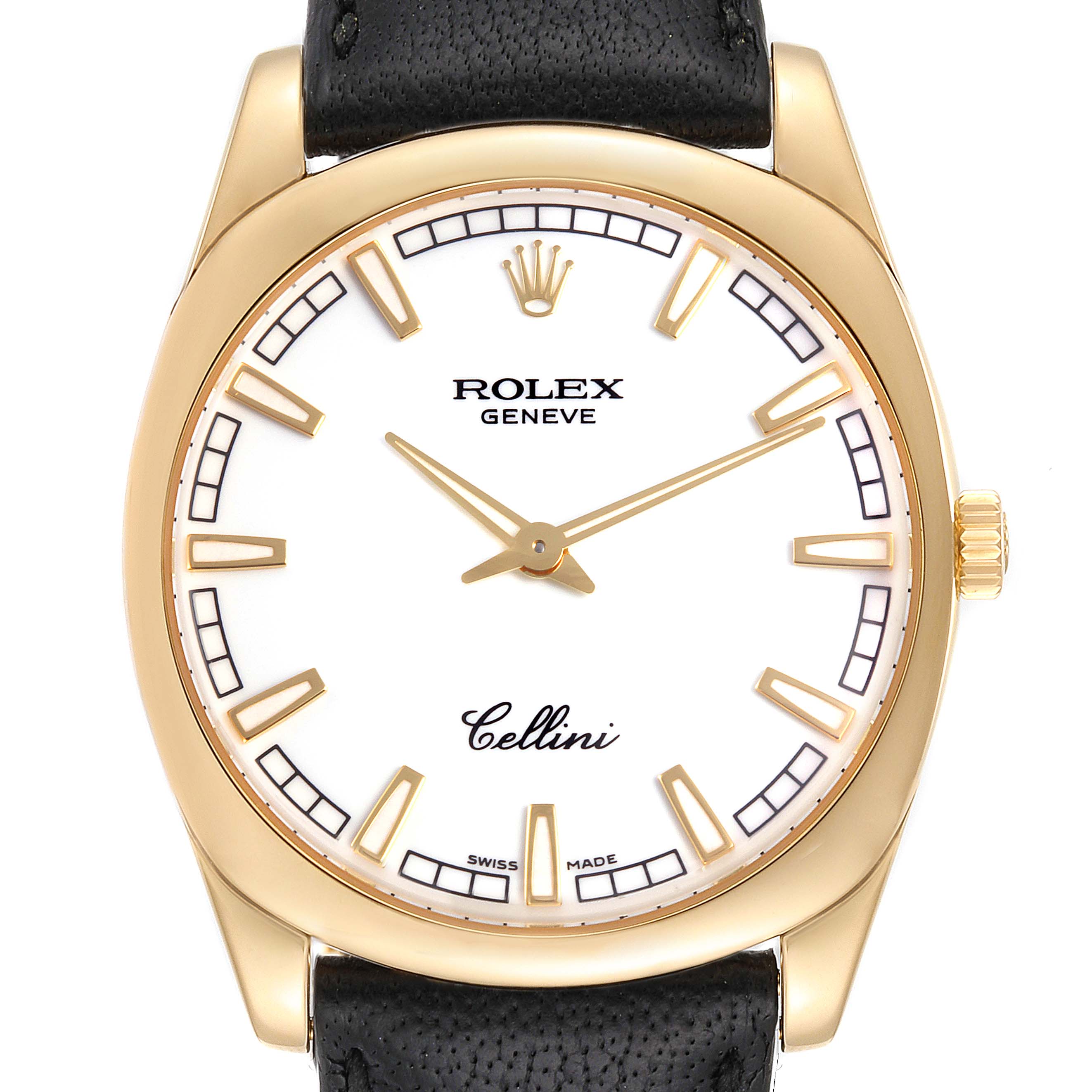 The Rolex Cellini 4243 Men's Yellow Gold White Dial 4243 Men's Yellow Gold White Dial watch is shown from the front, highlighting its dial, hands, crown, and part of the leather strap.