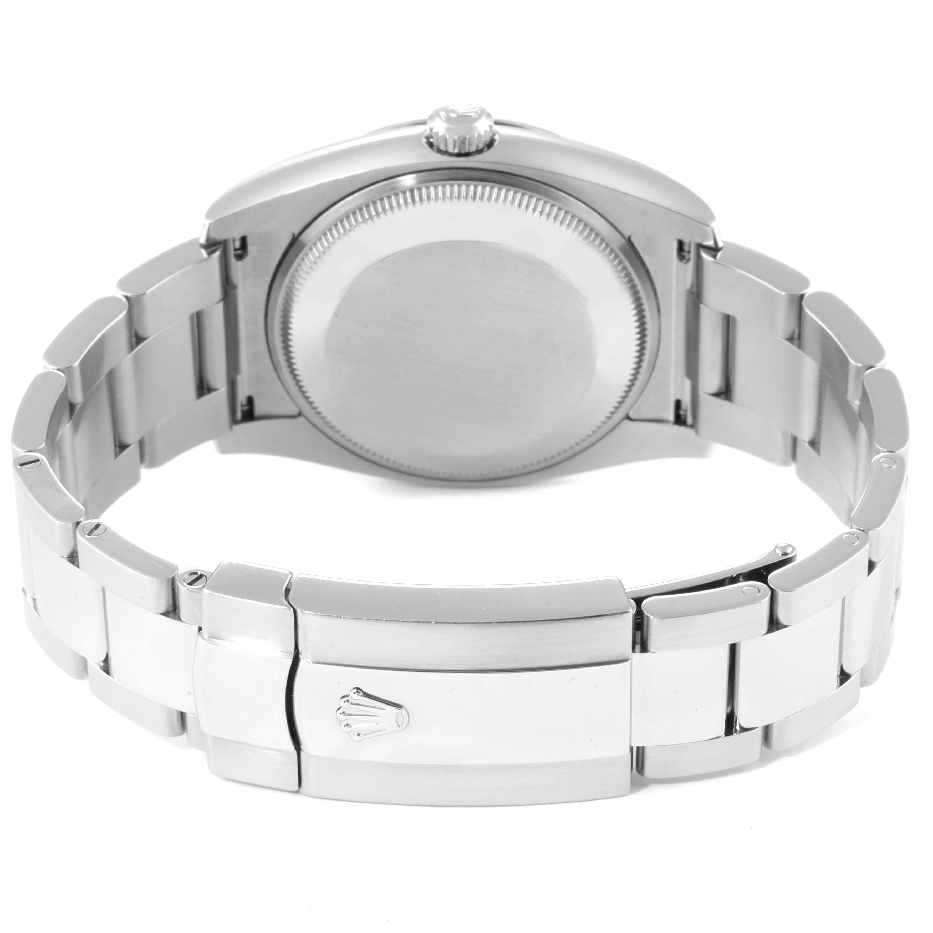 The image shows the back case, crown, and bracelet of a Rolex Datejust 115234 Men's Stainless Steel Pink Dial 115234 Men's Stainless Steel Pink Dial watch from a rear angle.