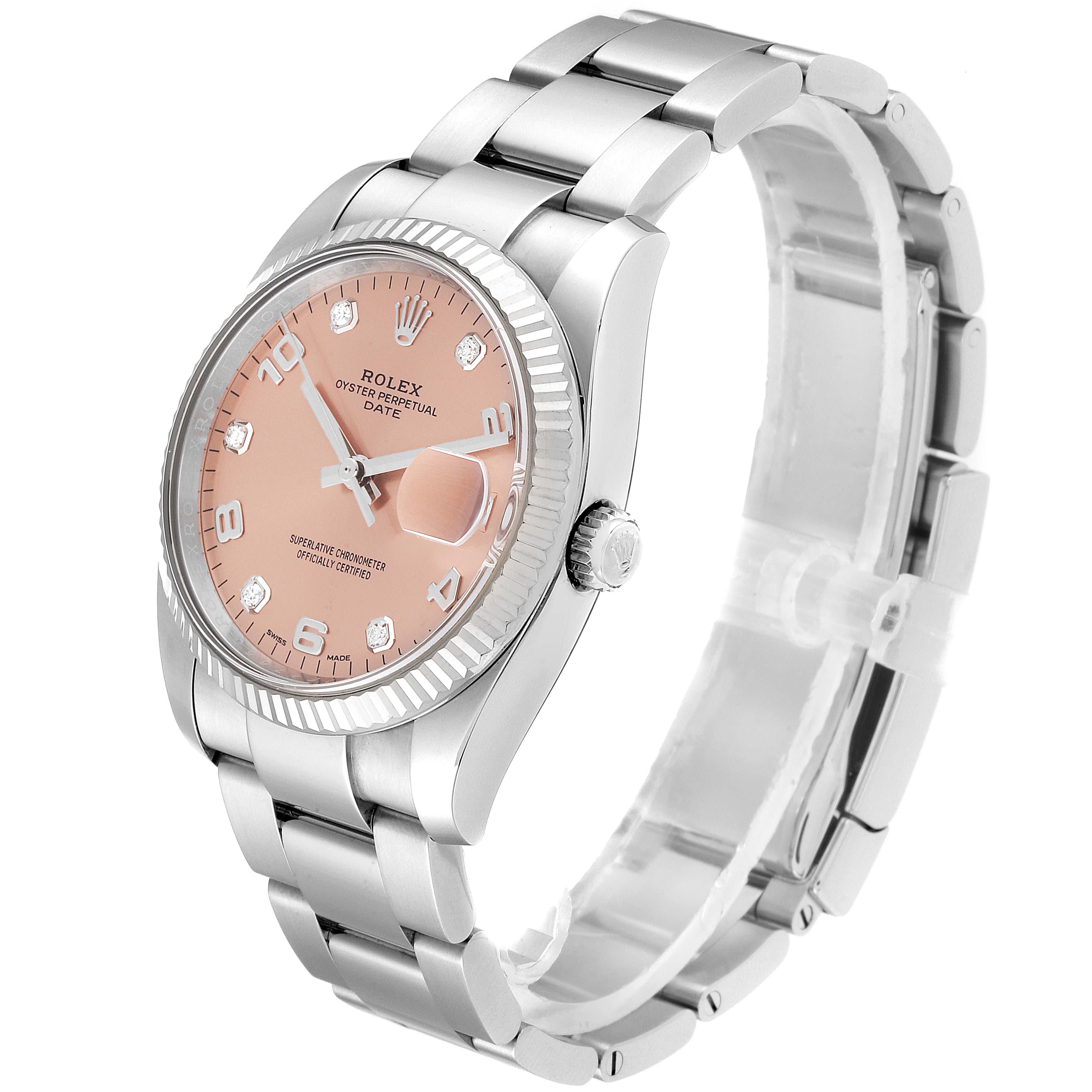 The Rolex Datejust 115234 Men's Stainless Steel Pink Dial 115234 Men's Stainless Steel Pink Dial watch is shown at a three-quarter front angle, displaying the dial, bezel, bracelet, and crown.