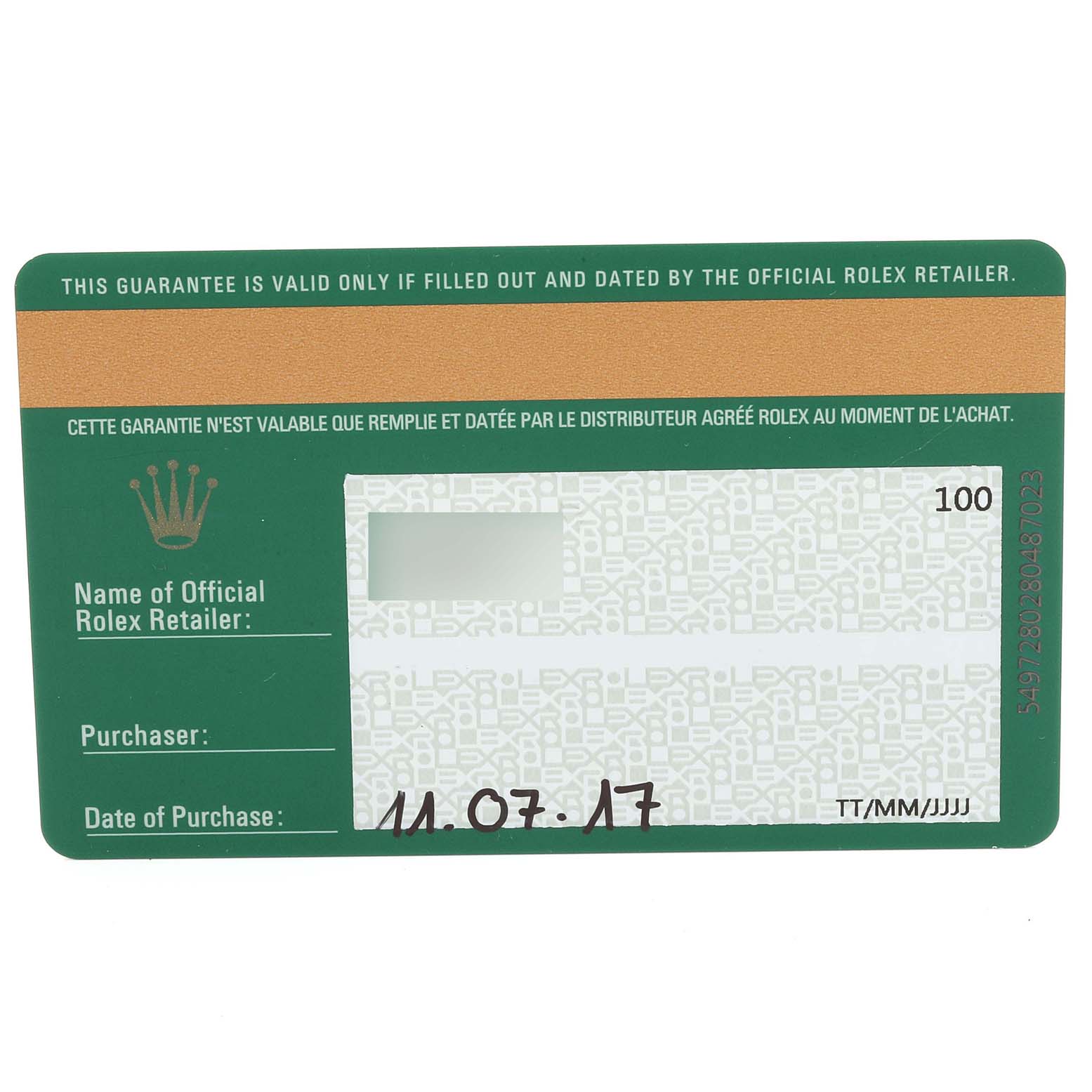 This image shows the warranty card for the Rolex Datejust 115234 Men's Stainless Steel Pink Dial 115234 Men's Stainless Steel Pink Dial model.