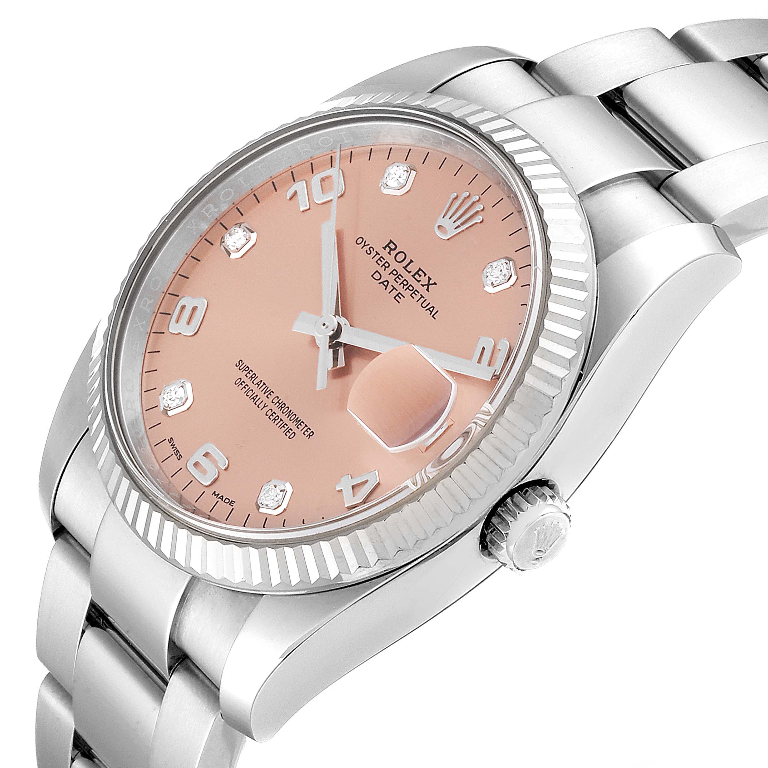 The image shows a close-up side angle of the Rolex Datejust 115234 Men's Stainless Steel Pink Dial 115234 Men's Stainless Steel Pink Dial watch, highlighting the dial, bezel, crown, and part of the bracelet.