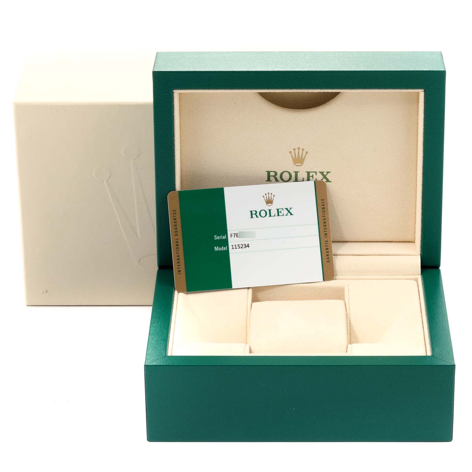 The image shows an open Rolex Datejust 115234 Men's Stainless Steel Pink Dial 115234 Men's Stainless Steel Pink Dial watch box and warranty card displayed at an angle inside the box.