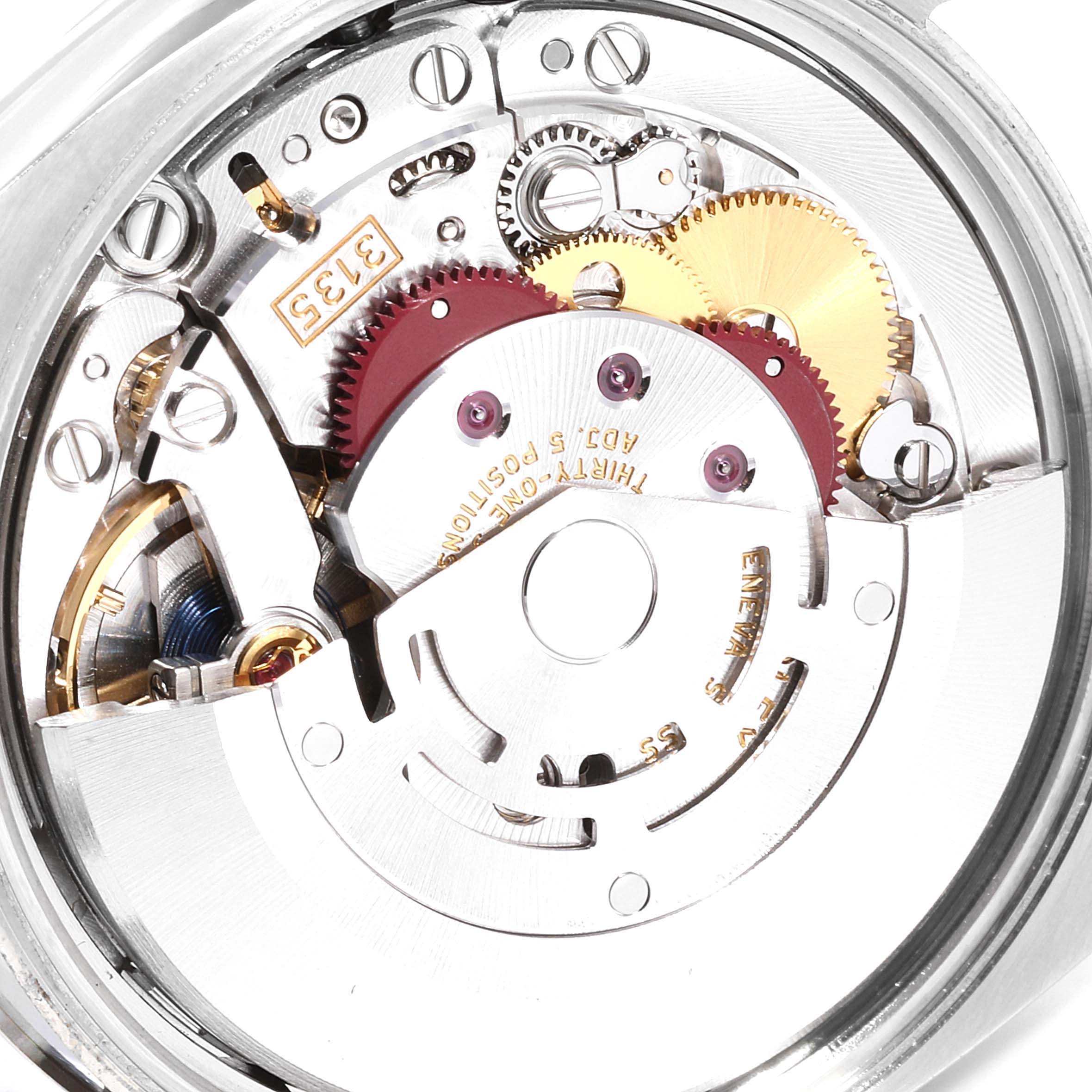 The image shows the movement and internal mechanism of the Rolex Datejust 115234 Men's Stainless Steel Pink Dial 115234 Men's Stainless Steel Pink Dial watch, viewed from the back.