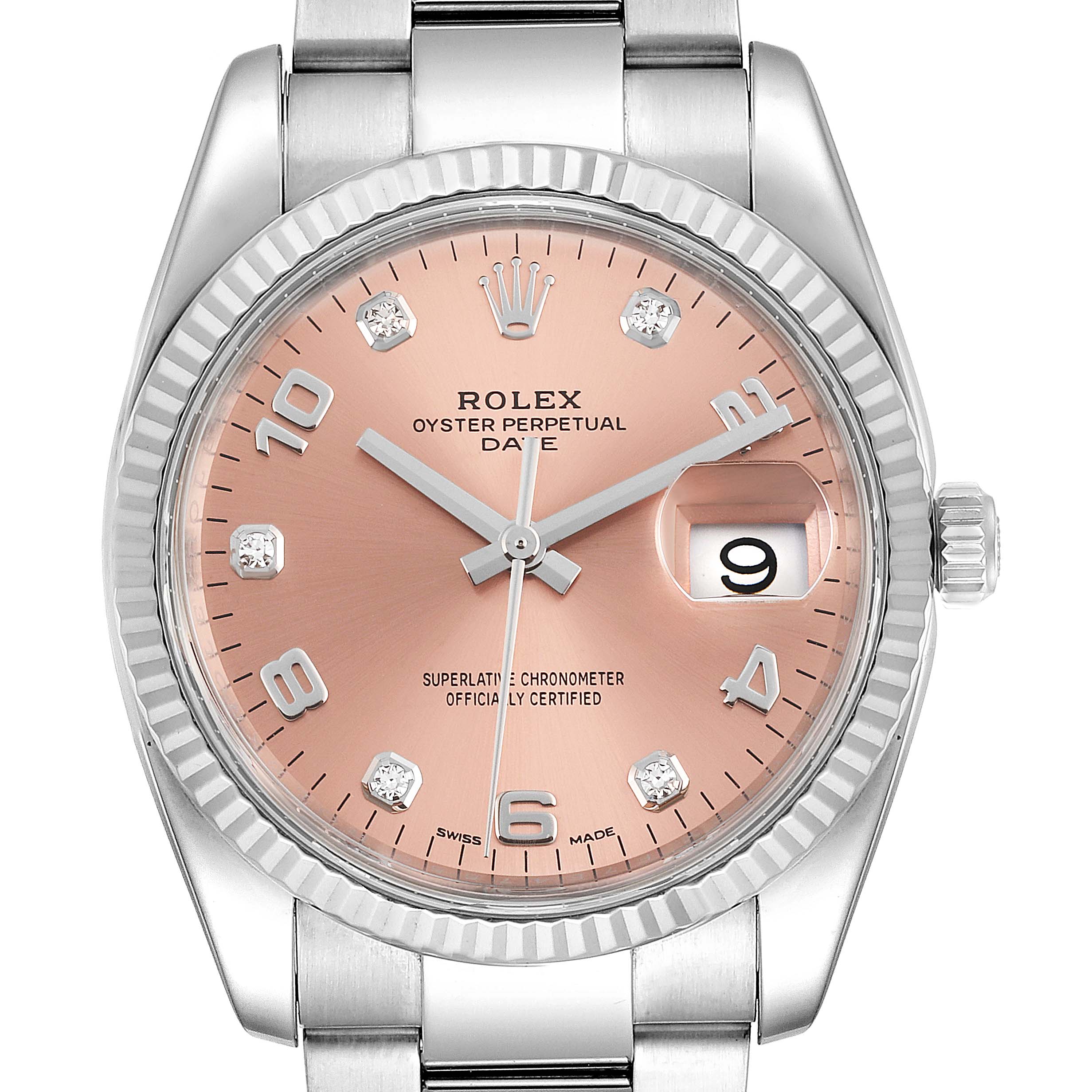 The image shows a front-facing view of a Rolex Datejust 115234 Men's Stainless Steel Pink Dial 115234 Men's Stainless Steel Pink Dial watch, highlighting its dial, hands, and bracelet.