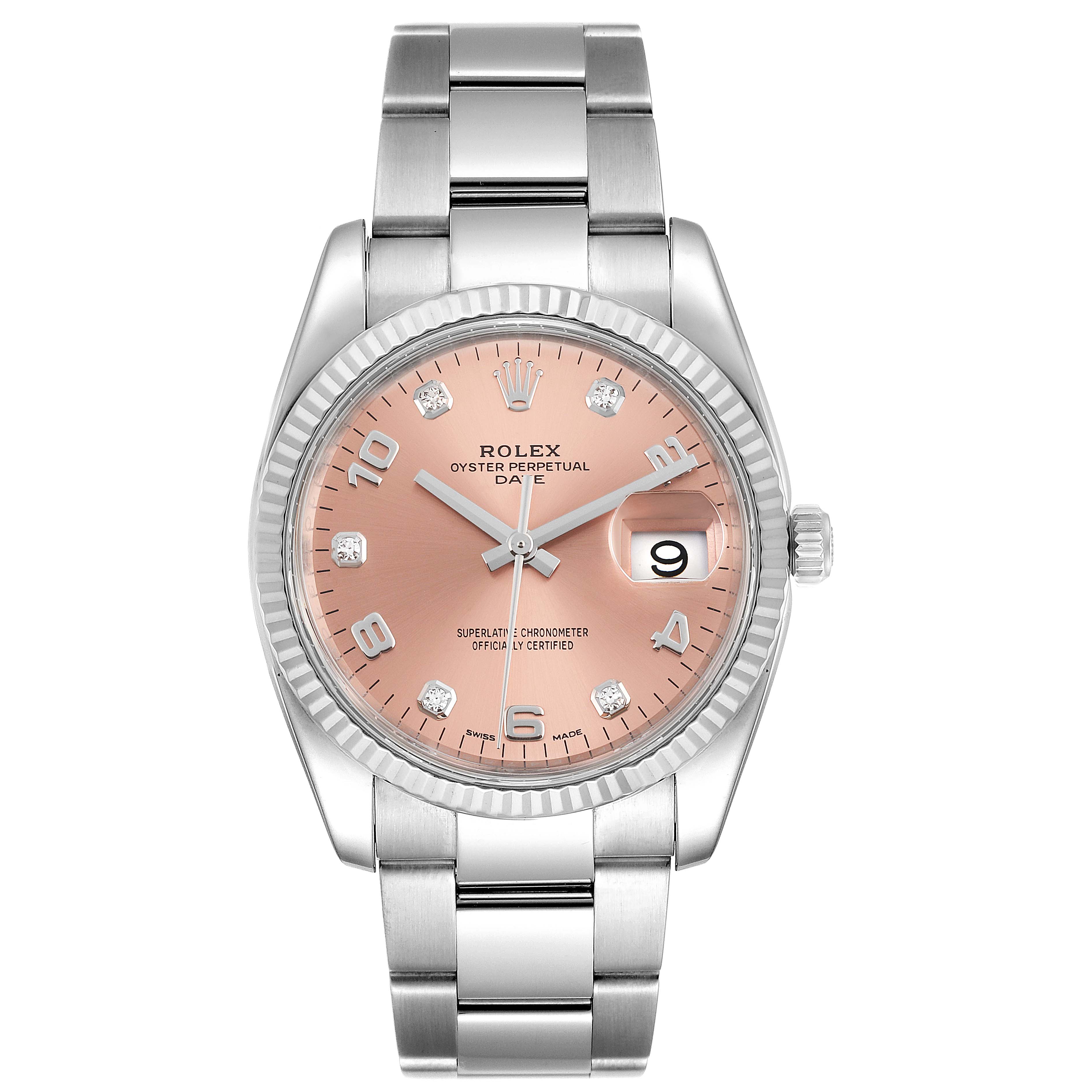 The Rolex Datejust 115234 Men's Stainless Steel Pink Dial 115234 Men's Stainless Steel Pink Dial watch is displayed from a front angle, showing the face, bezel, and bracelet.