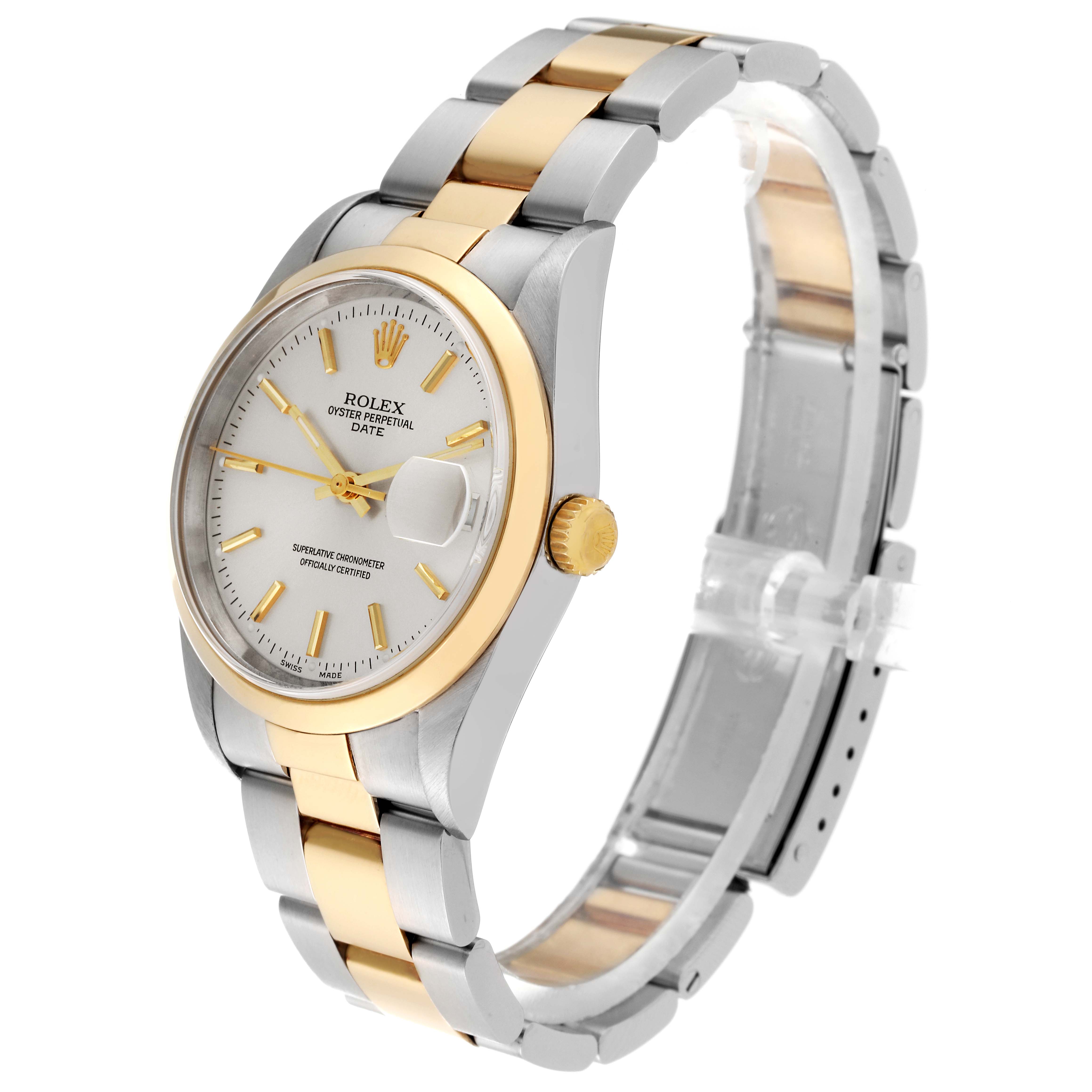 The image shows a Rolex Date 15203 Men's Steel and Gold (two tone) Silver Dial 15203 Men's Steel and Gold (two tone) Silver Dial model watch from an oblique angle, featuring the dial, bracelet, and crown.