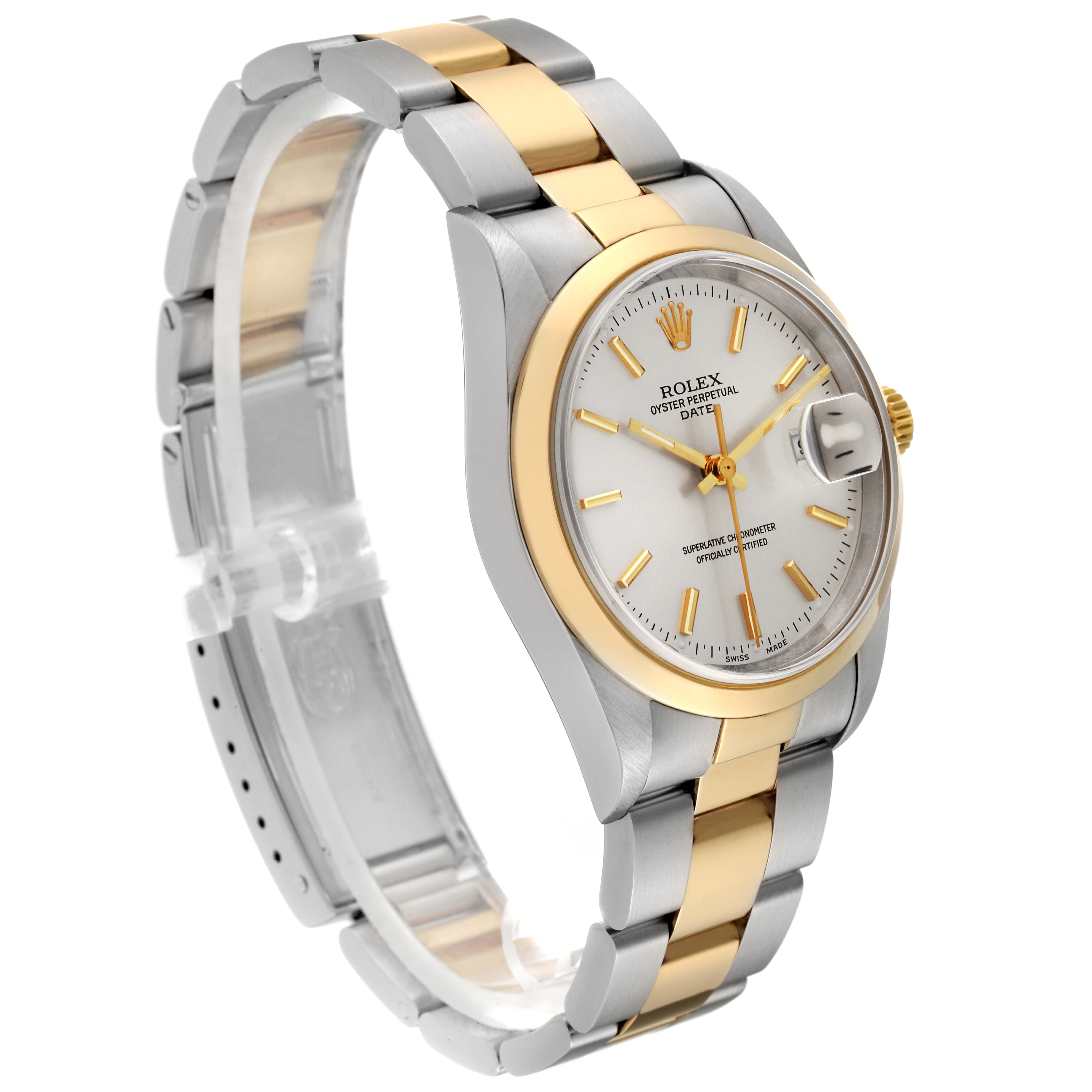 The image shows a Rolex Date 15203 Men's Steel and Gold (two tone) Silver Dial 15203 Men's Steel and Gold (two tone) Silver Dial model watch at a three-quarter angle, highlighting the gold and silver bracelet, crown, and face.