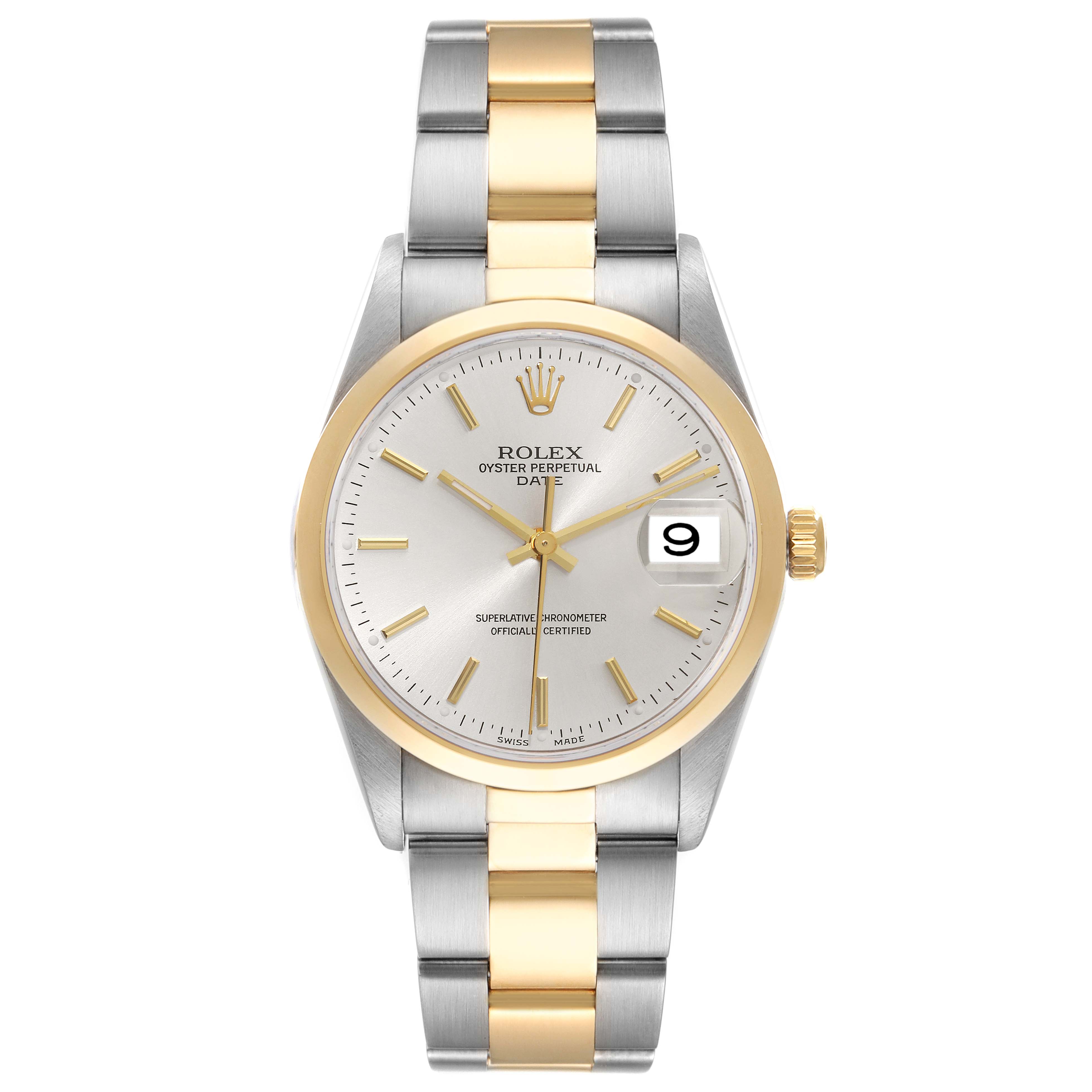 The image shows a front view of a Rolex Date 15203 Men's Steel and Gold (two tone) Silver Dial 15203 Men's Steel and Gold (two tone) Silver Dial model watch, featuring a two-tone bracelet, gold bezel, and date window.