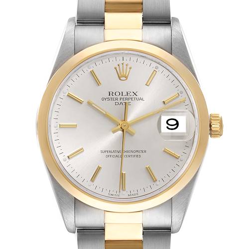 The image shows a frontal view of the Rolex Date model watch, highlighting its face, dial, bezel, and part of the bracelet.