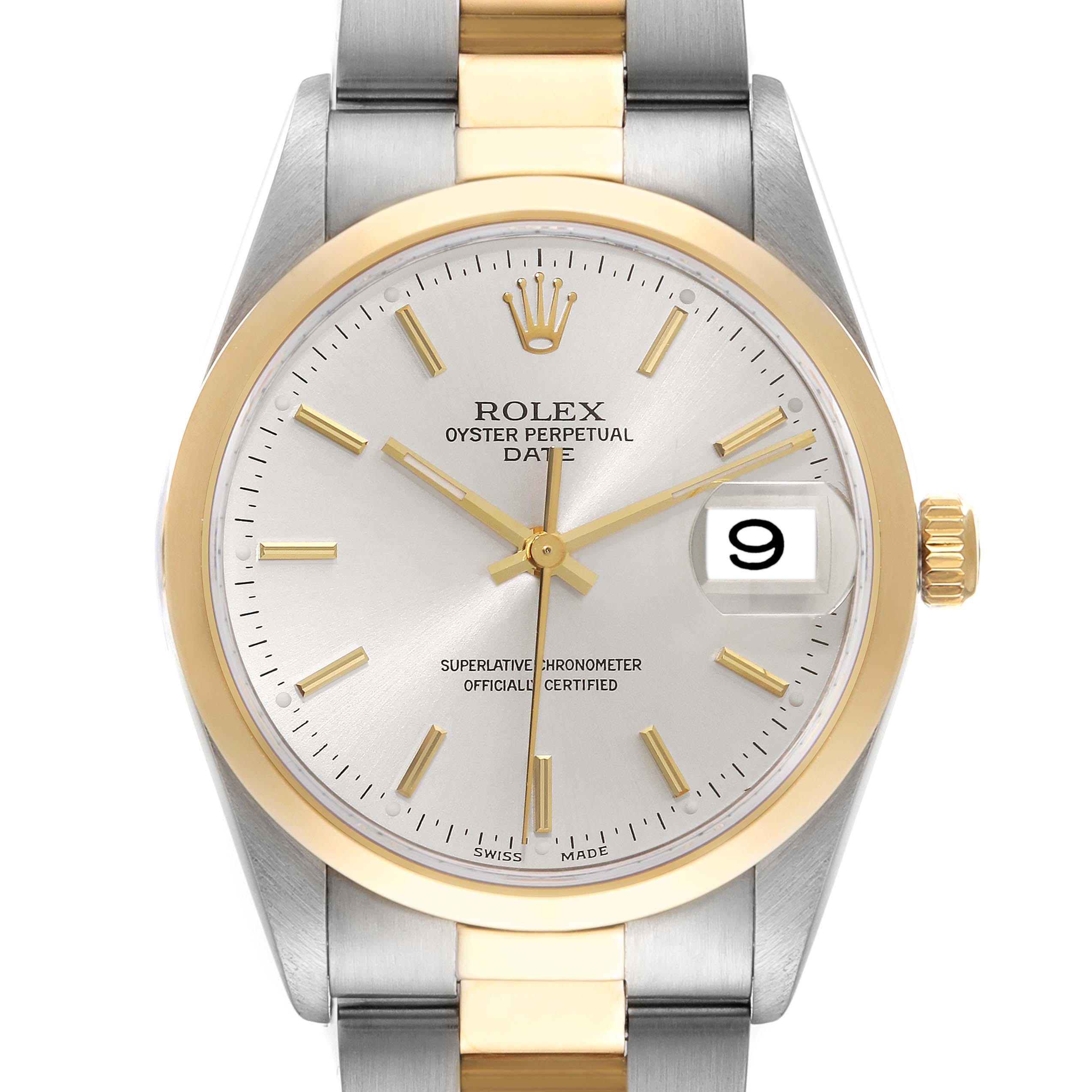 The image shows a front-facing view of the Rolex Date 15203 Men's Steel and Gold (two tone) Silver Dial 15203 Men's Steel and Gold (two tone) Silver Dial model watch, highlighting its dial, bezel, hands, and bracelet.