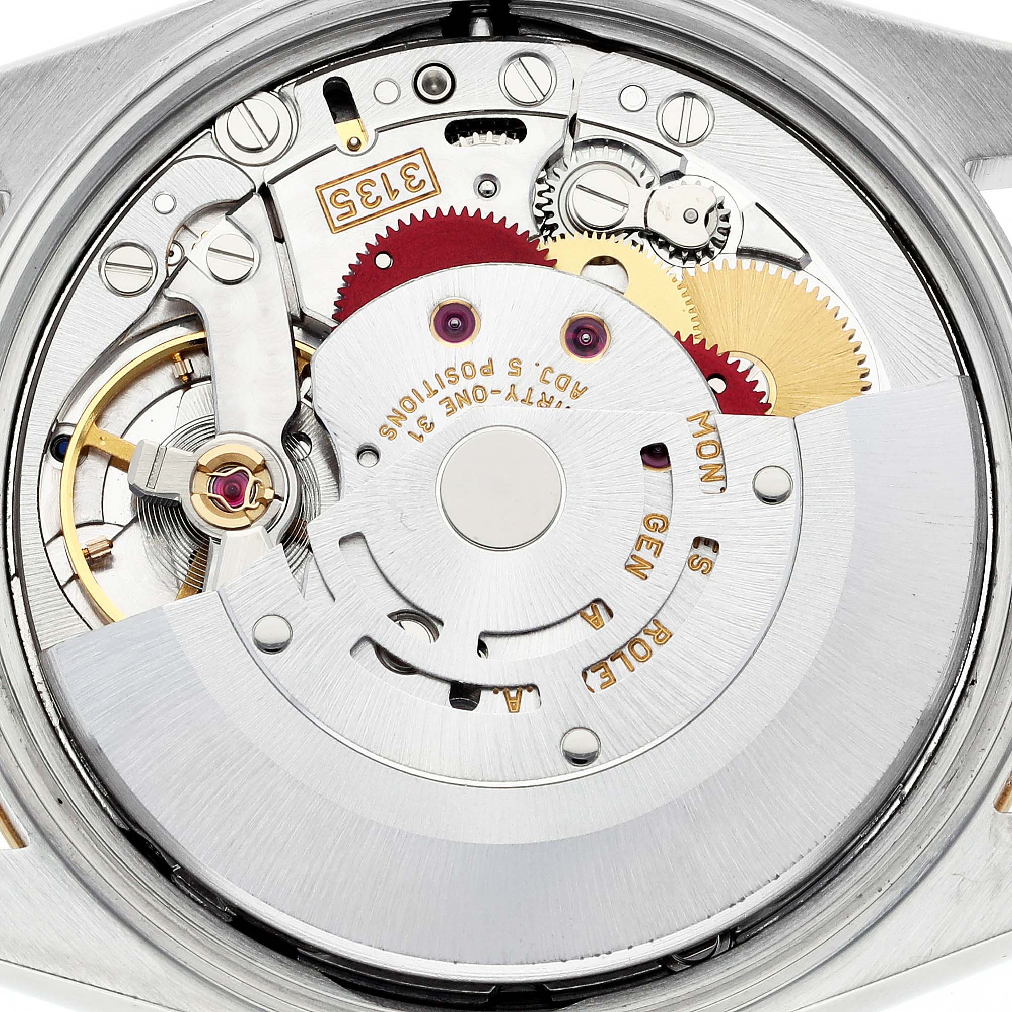 This image shows the internal mechanical components of a Rolex Date 15203 Men's Steel and Gold (two tone) Silver Dial 15203 Men's Steel and Gold (two tone) Silver Dial model watch from a rear angle.