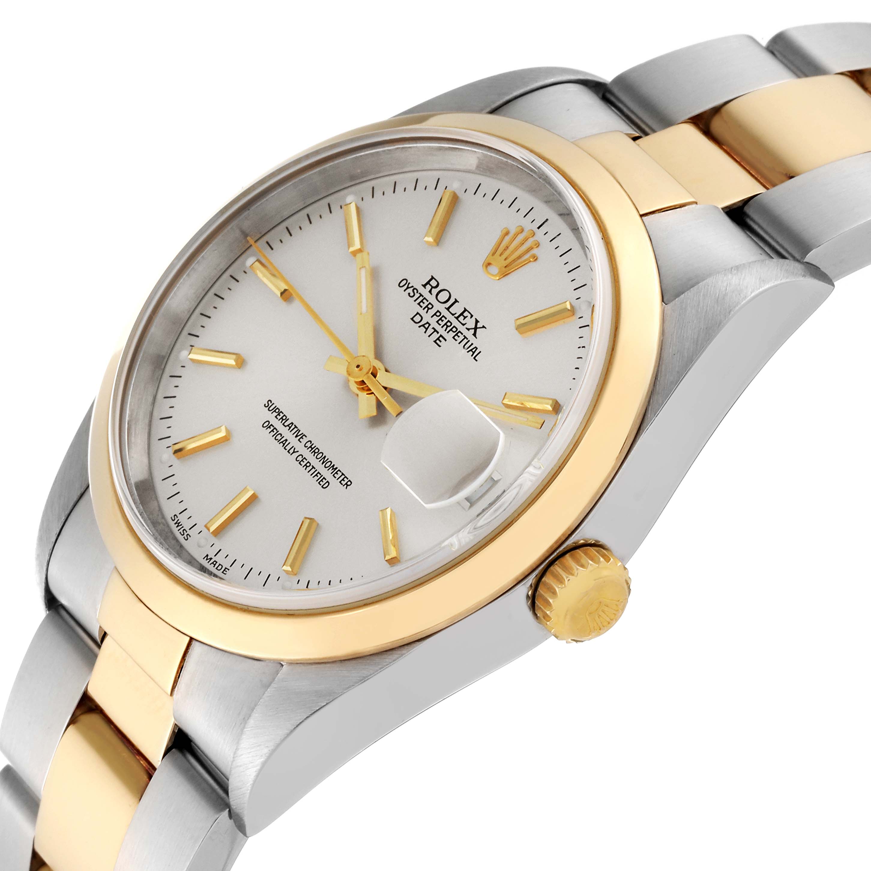 The image shows a Rolex Date 15203 Men's Steel and Gold (two tone) Silver Dial 15203 Men's Steel and Gold (two tone) Silver Dial model watch at an angled view, highlighting its dial, bezel, and part of the bracelet.