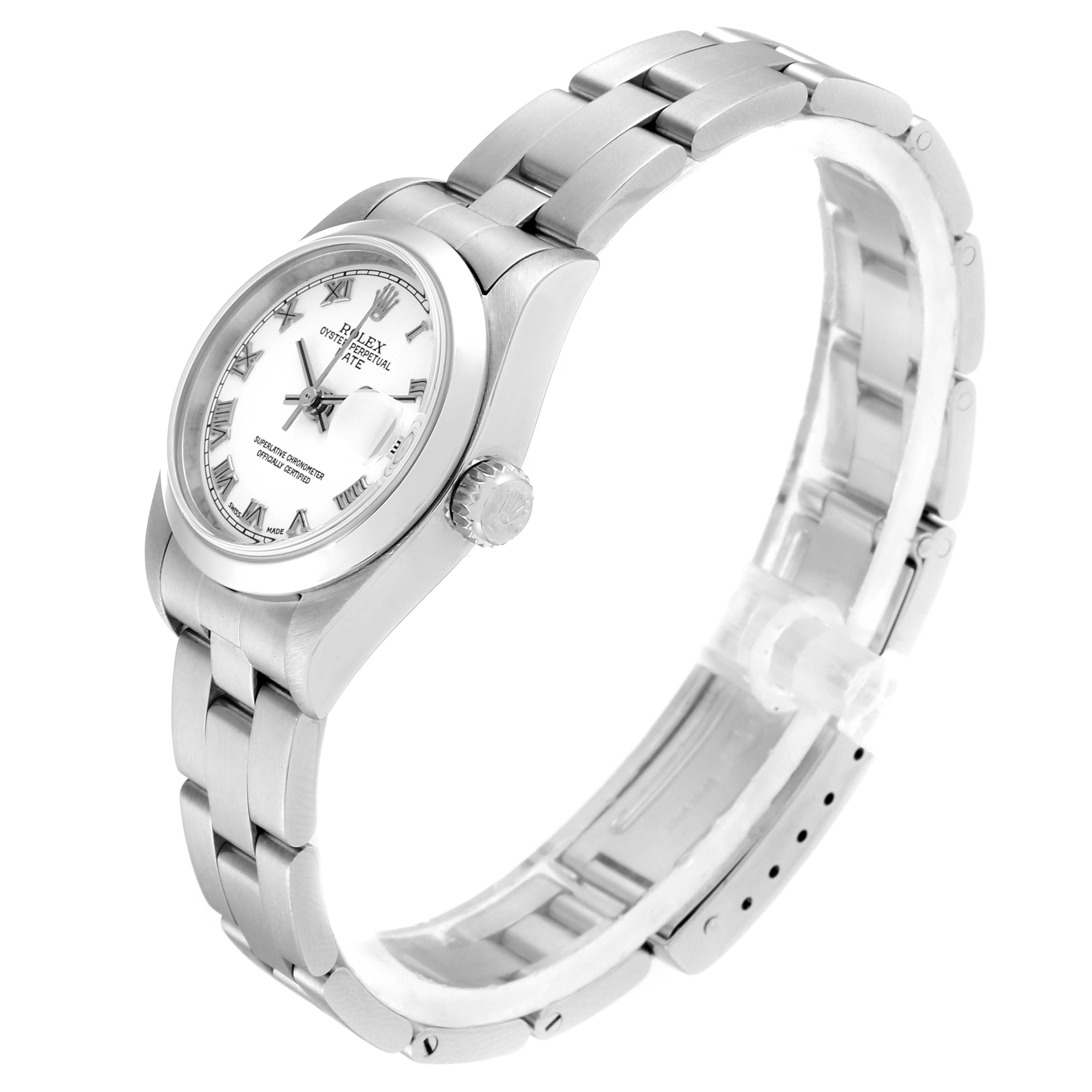This image shows a Rolex Date 79160 Women
s Stainless Steel White Dial 79160 Women
s Stainless Steel White Dial model watch from an angled side view, displaying the face, dial, crown, and bracelet.